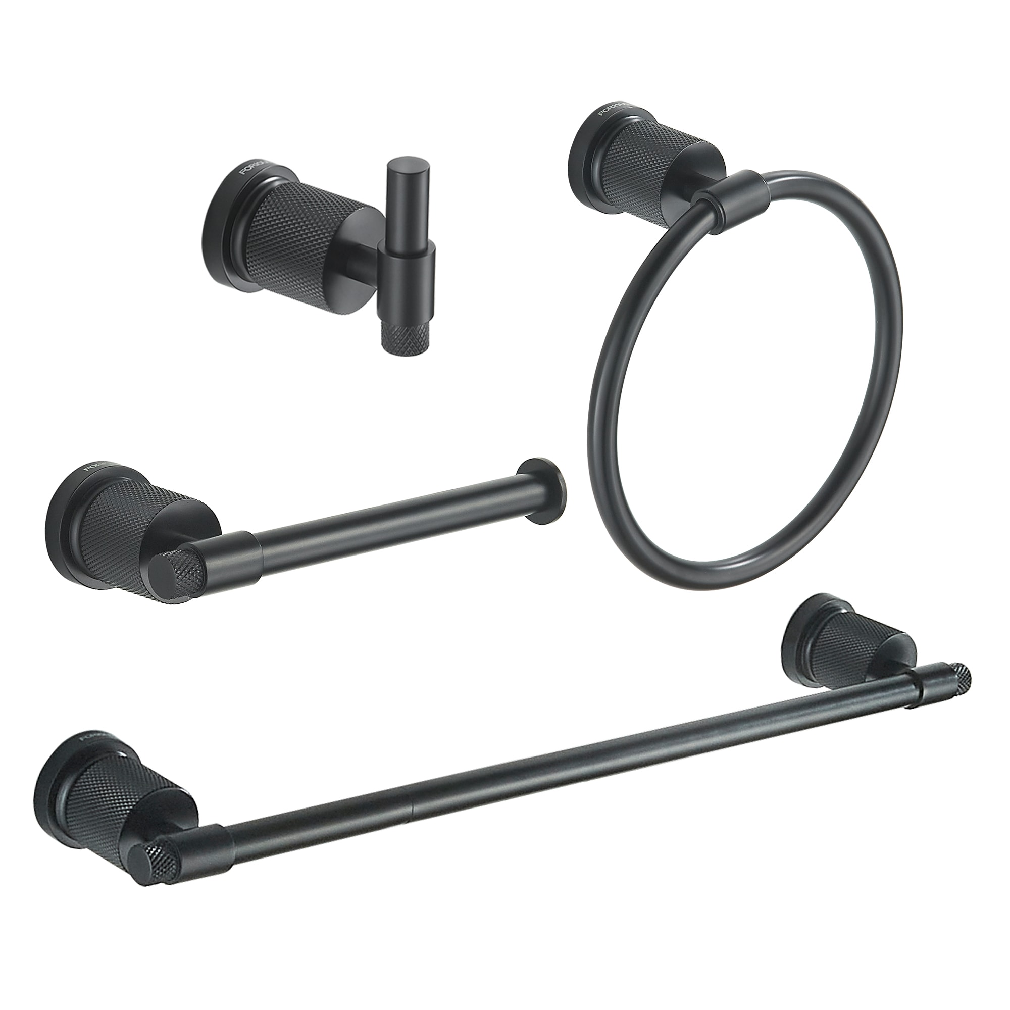 Juego de Accesorios de Baño Decorativos en Negro de 4 Piezas FORIOUS, Incluye Barra de Toalla, Portarrollos de Papel, Anillo de Toalla y Gancho para Bata LL19011B4A