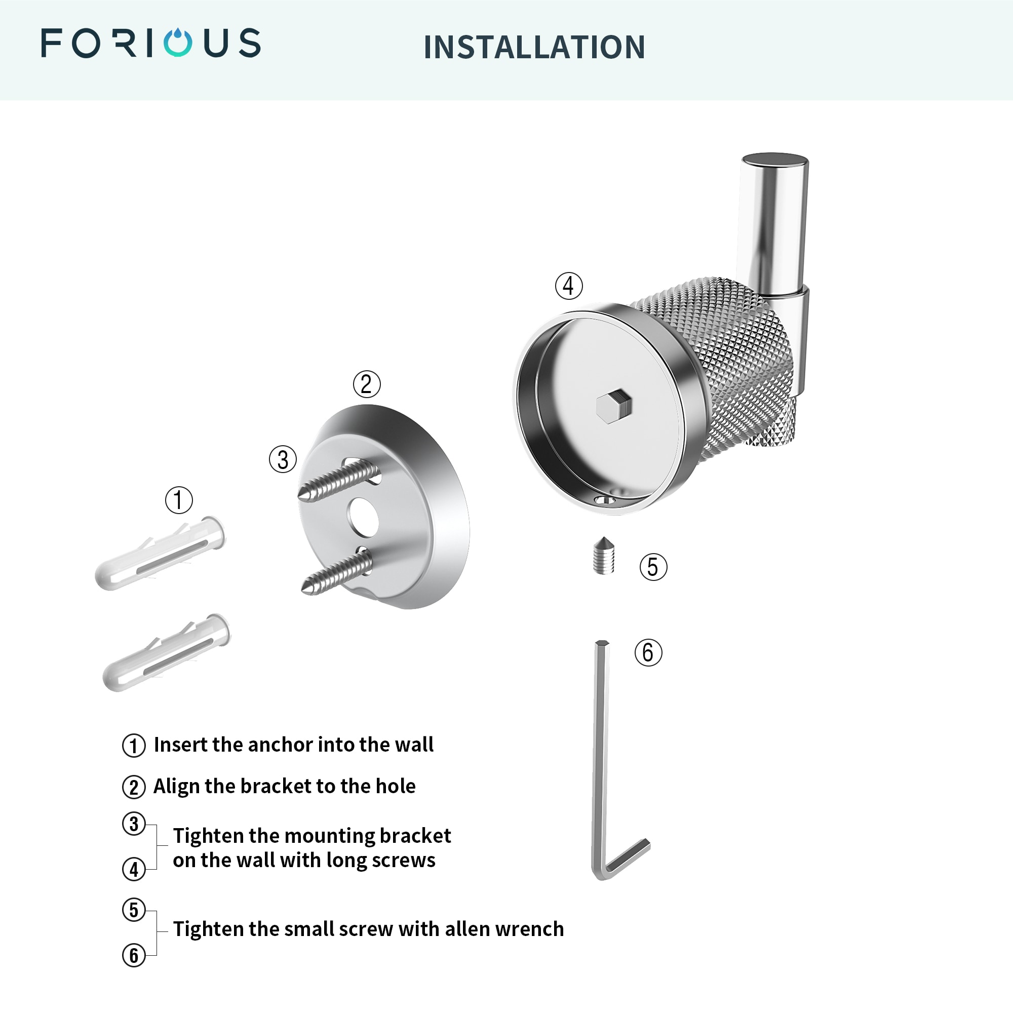 Juego de accesorios decorativos para baño de 4 piezas con acabado cromado FORIOUS, incluye barra para toallas, portarrollos de papel higiénico, argolla para toallas y gancho para batas LL19011CH4A.