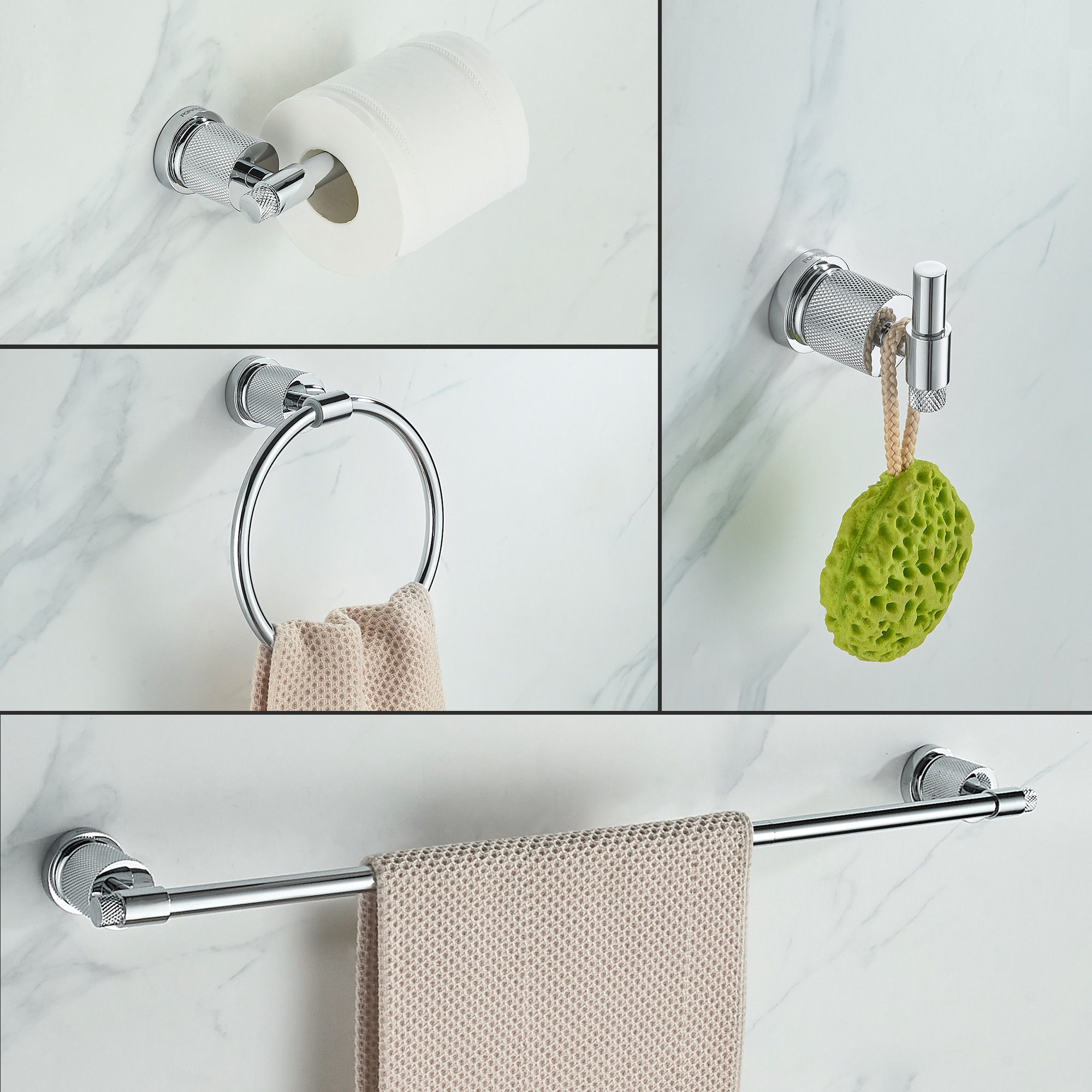 Juego de accesorios decorativos para baño de 4 piezas con acabado cromado FORIOUS, incluye barra para toallas, portarrollos de papel higiénico, argolla para toallas y gancho para batas LL19011CH4A.