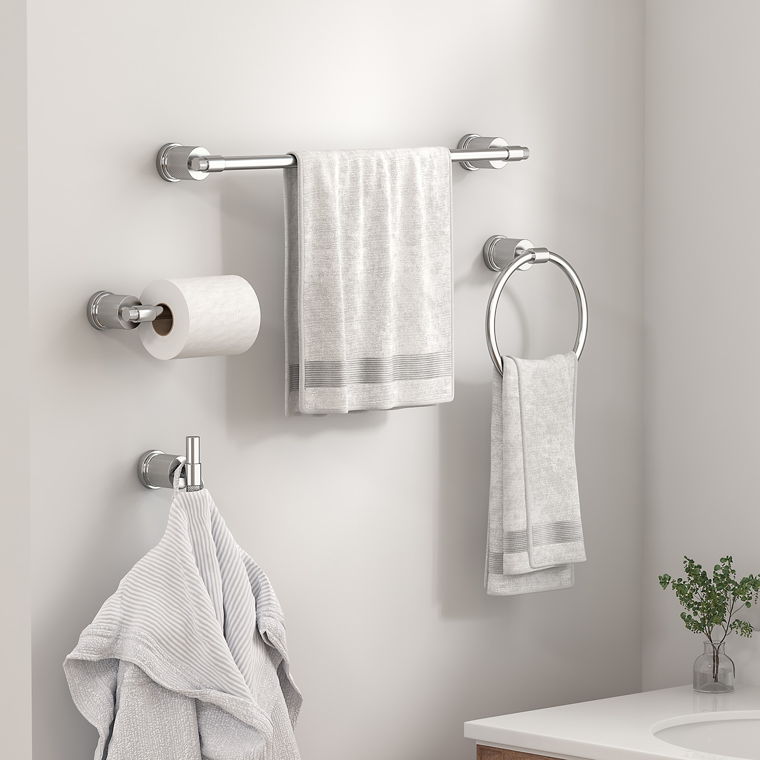 Juego de accesorios decorativos para baño de 4 piezas con acabado cromado FORIOUS, incluye barra para toallas, portarrollos de papel higiénico, argolla para toallas y gancho para batas LL19011CH4A.