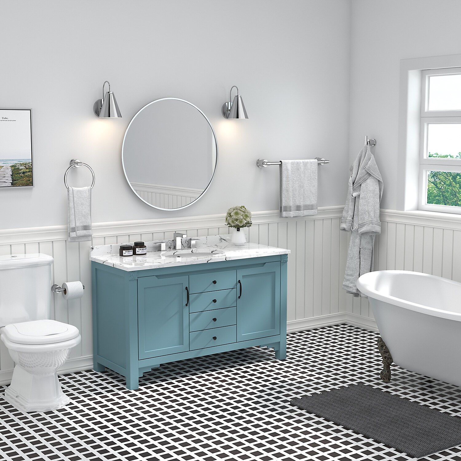 Juego de accesorios decorativos para baño de 4 piezas con acabado cromado FORIOUS, incluye barra para toallas, portarrollos de papel higiénico, argolla para toallas y gancho para batas LL19011CH4A.