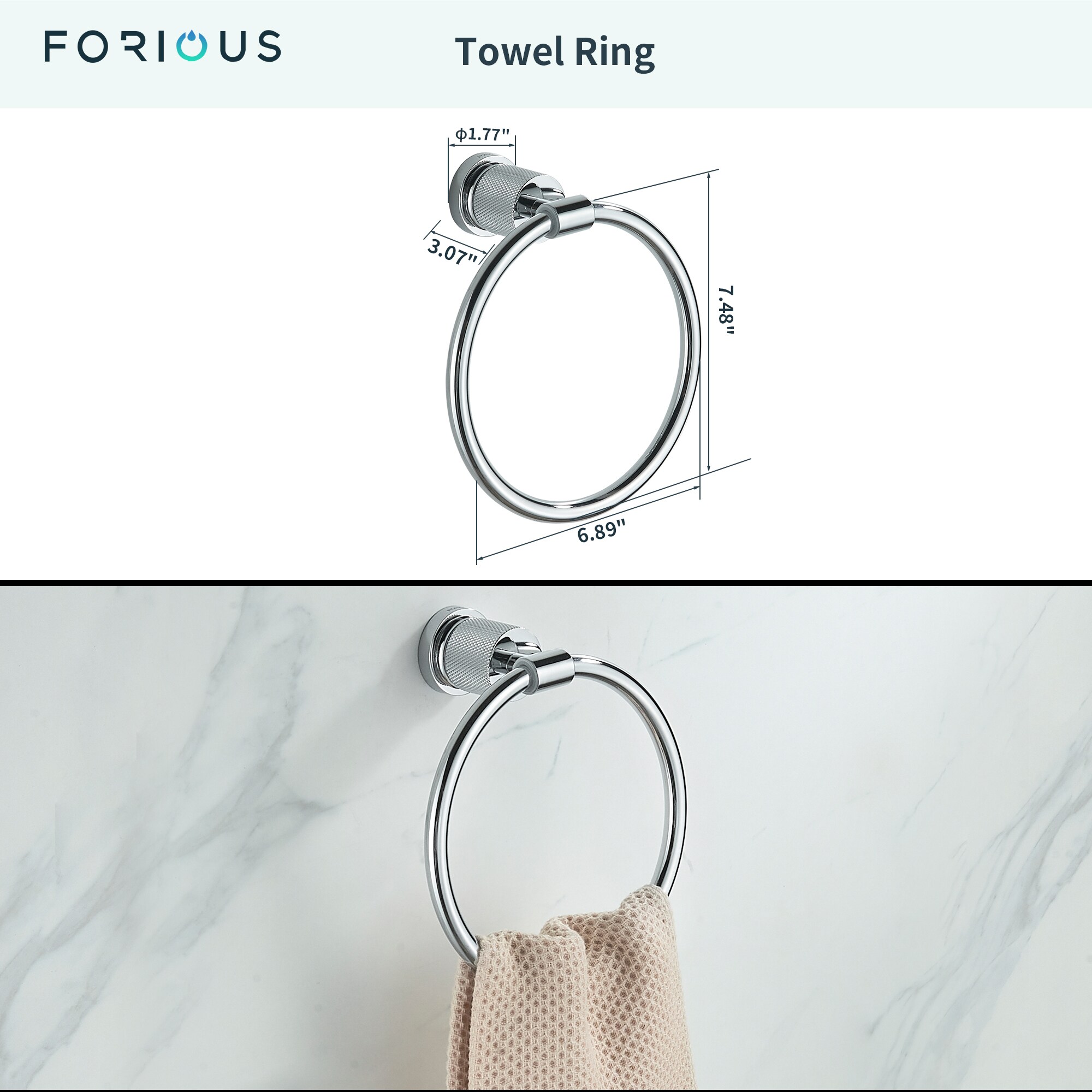 Juego de accesorios decorativos para baño de 4 piezas con acabado cromado FORIOUS, incluye barra para toallas, portarrollos de papel higiénico, argolla para toallas y gancho para batas LL19011CH4A.