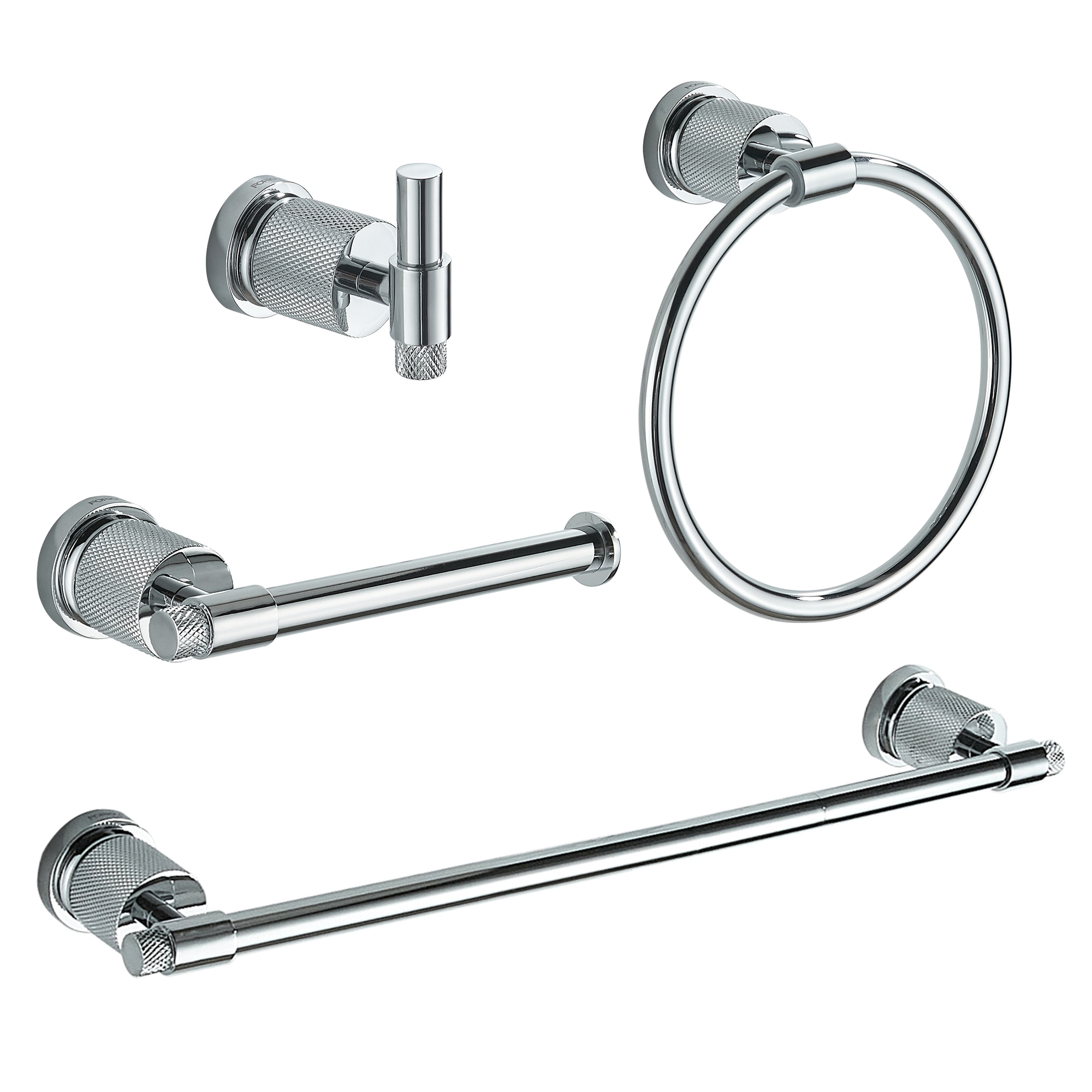 Juego de accesorios decorativos para baño de 4 piezas con acabado cromado FORIOUS, incluye barra para toallas, portarrollos de papel higiénico, argolla para toallas y gancho para batas LL19011CH4A.