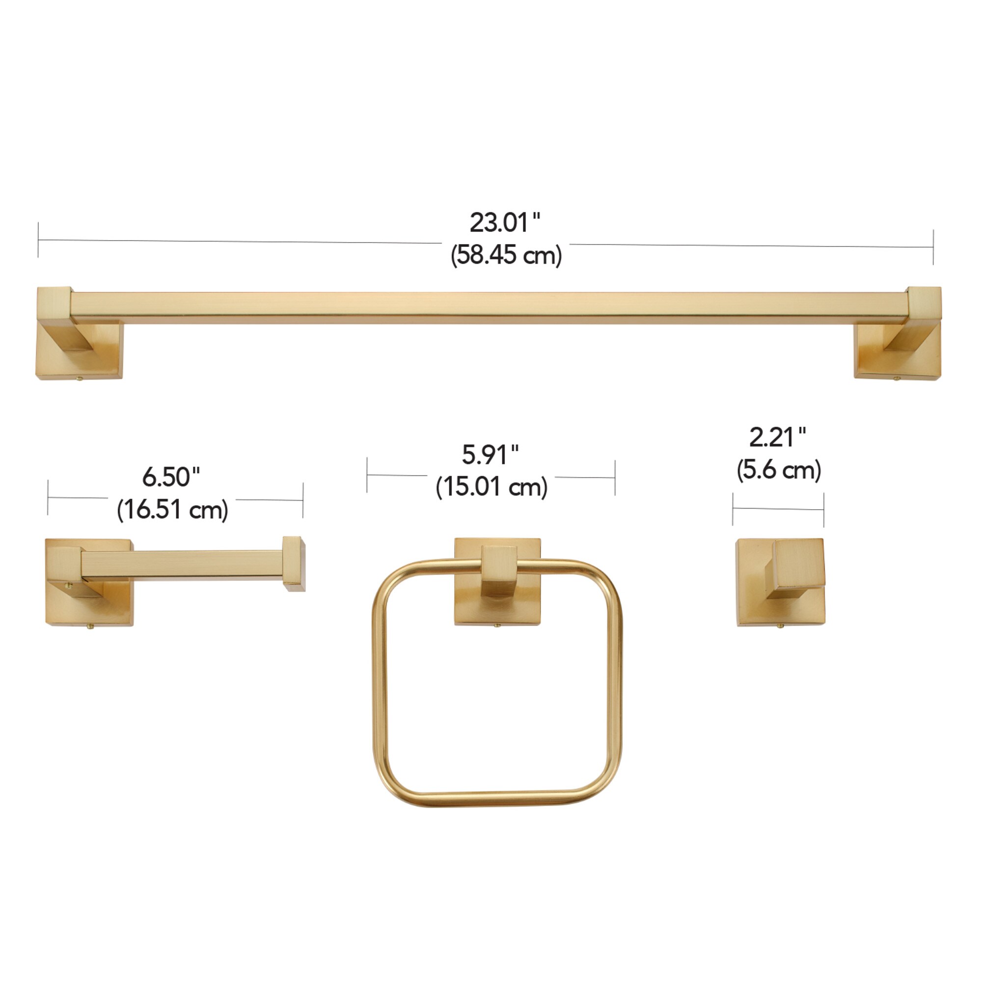 Juego de accesorios de baño decorativos de 4 piezas en latón mate Dakota, incluye barra de toalla, portarrollos, anillo de toalla y gancho para bata