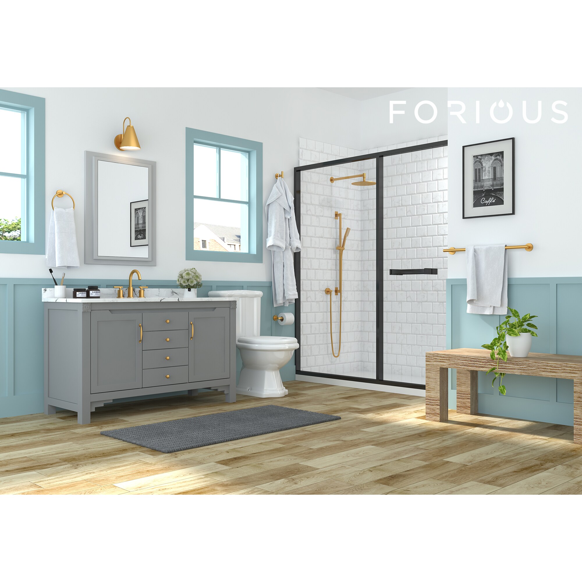 Juego de Accesorios de Baño Decorativos en Oro de 6 Piezas Forious - Barra de Toallas, Porta Papel de Baño, Argolla de Toalla, Gancho para Bata incluido LL0216G-6