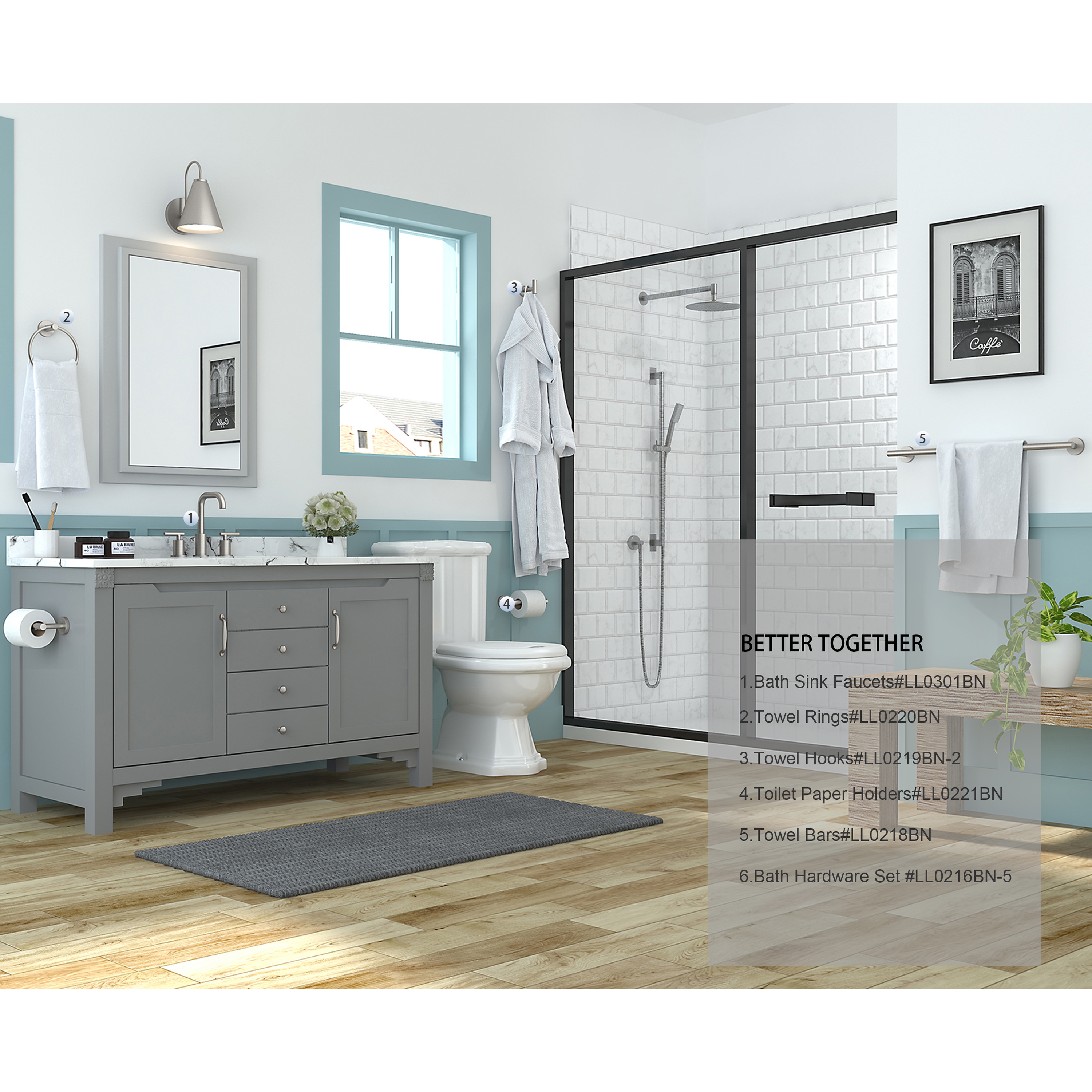 Juego de accesorios decorativos para baño de 5 piezas en níquel cepillado FORIOUS: barra de toallas, porta papel, argolla de toalla y gancho para bata incluidos LL0216BN-5.