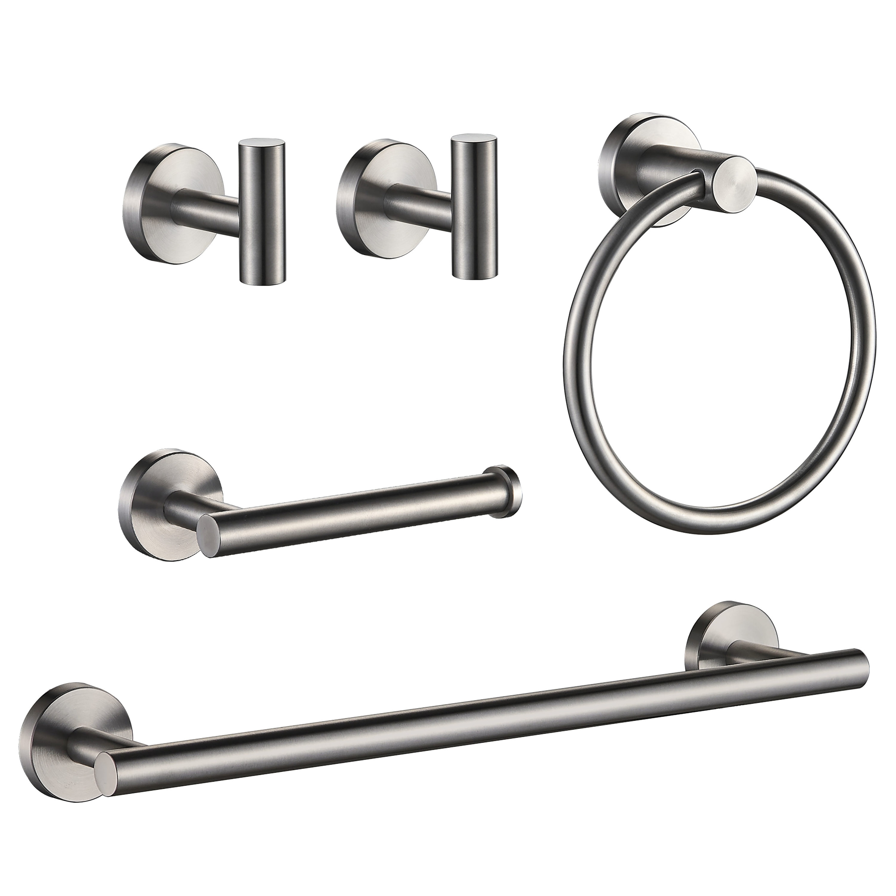 Juego de accesorios decorativos para baño de 5 piezas en níquel cepillado FORIOUS: barra de toallas, porta papel, argolla de toalla y gancho para bata incluidos LL0216BN-5.