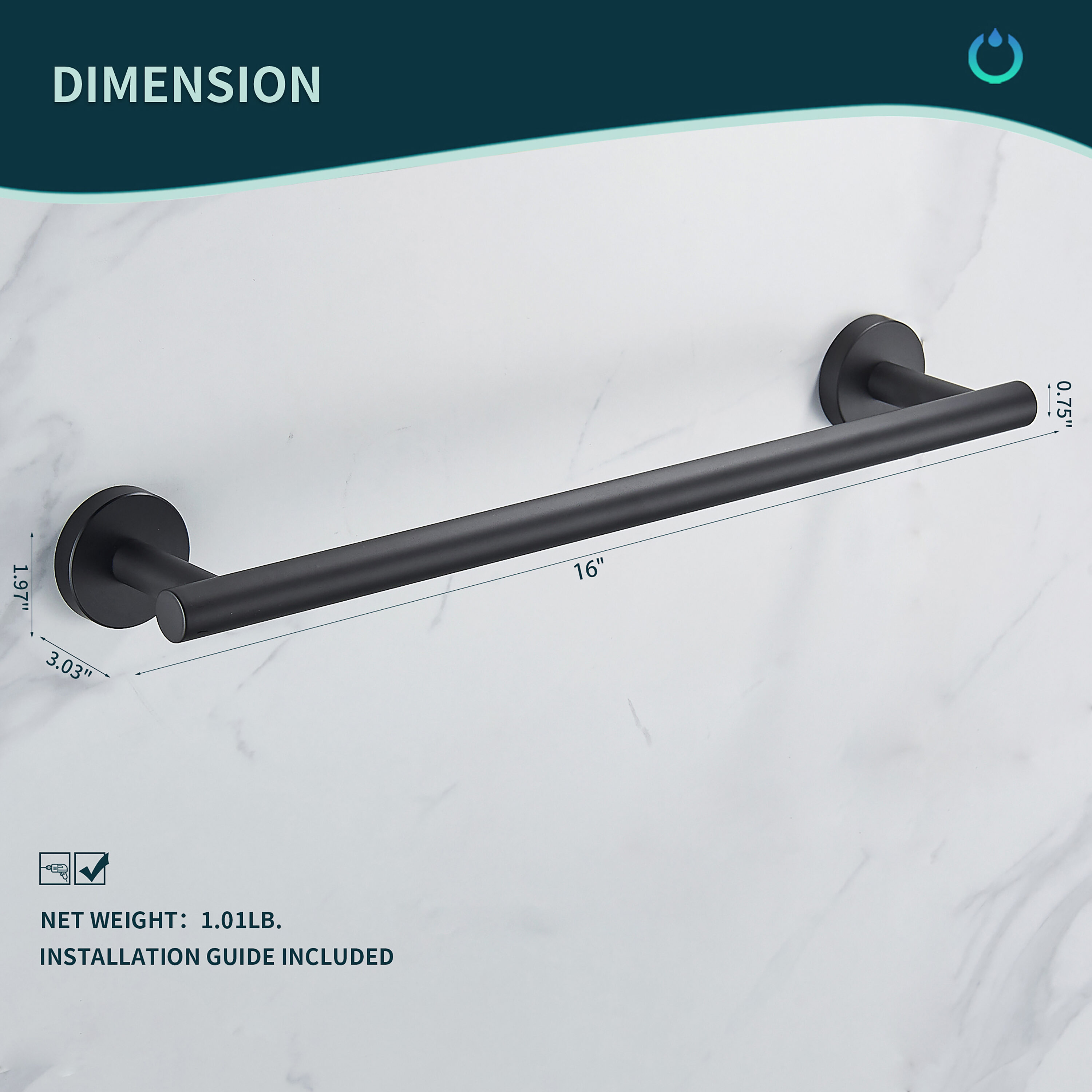 Juego de Accesorios de Baño Decorativos de 5 Piezas en Negro Mate FORIOUS - Barra para Toallas, Porta Papel higiénico, Argolla para Toallas, Gancho para Batas incluido LL0216B-5