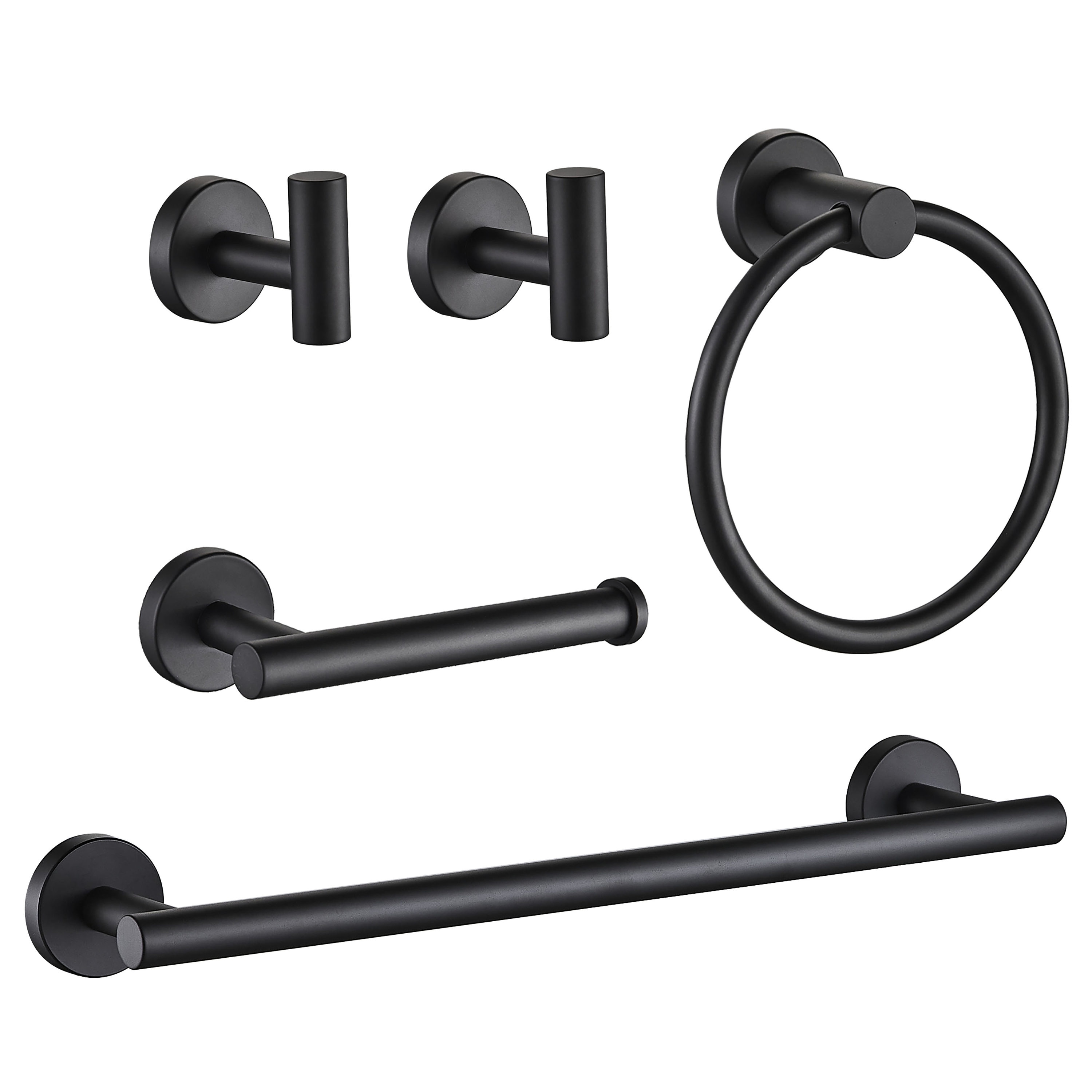 Juego de Accesorios de Baño Decorativos de 5 Piezas en Negro Mate FORIOUS - Barra para Toallas, Porta Papel higiénico, Argolla para Toallas, Gancho para Batas incluido LL0216B-5