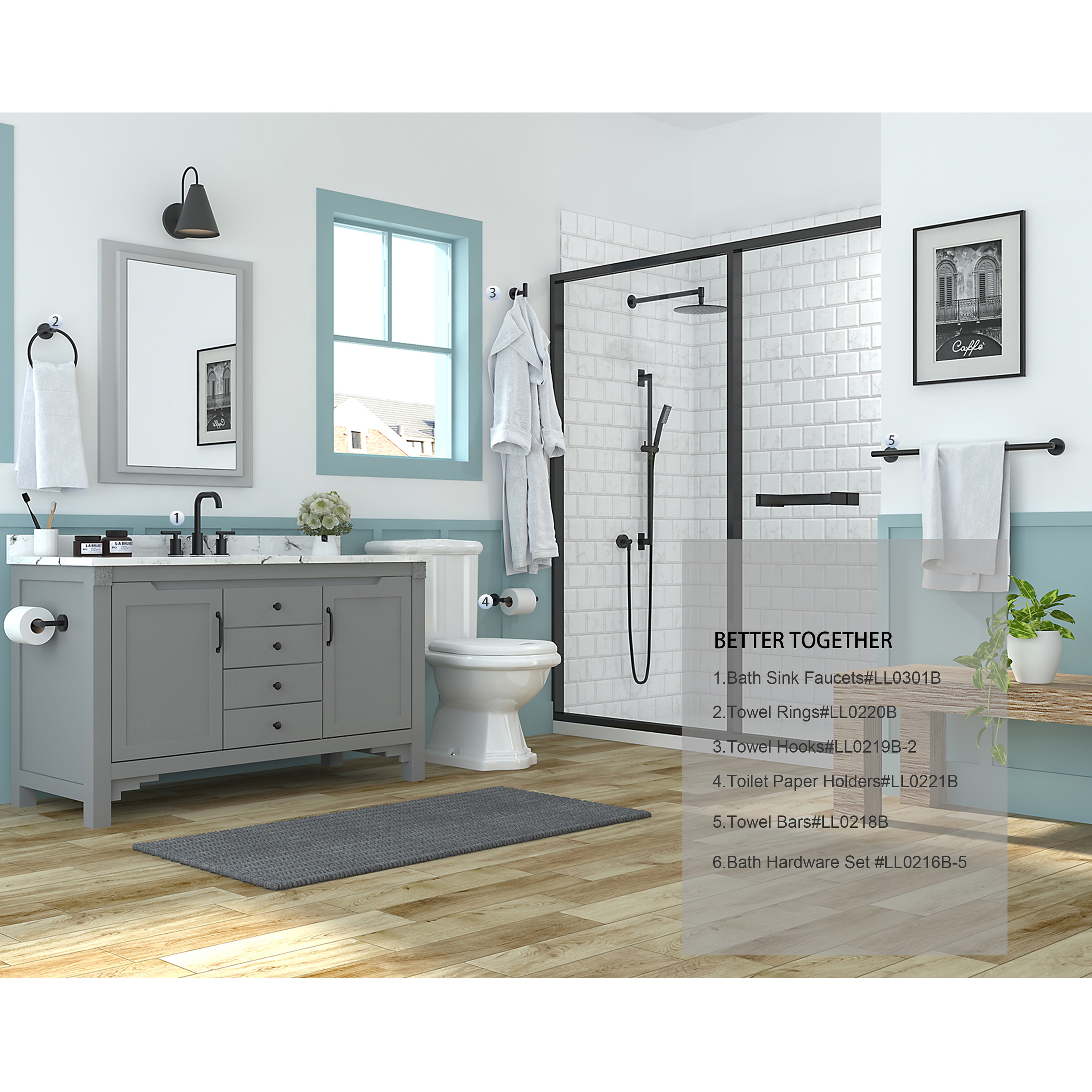Juego de Accesorios de Baño Decorativos de 5 Piezas en Negro Mate FORIOUS - Barra para Toallas, Porta Papel higiénico, Argolla para Toallas, Gancho para Batas incluido LL0216B-5