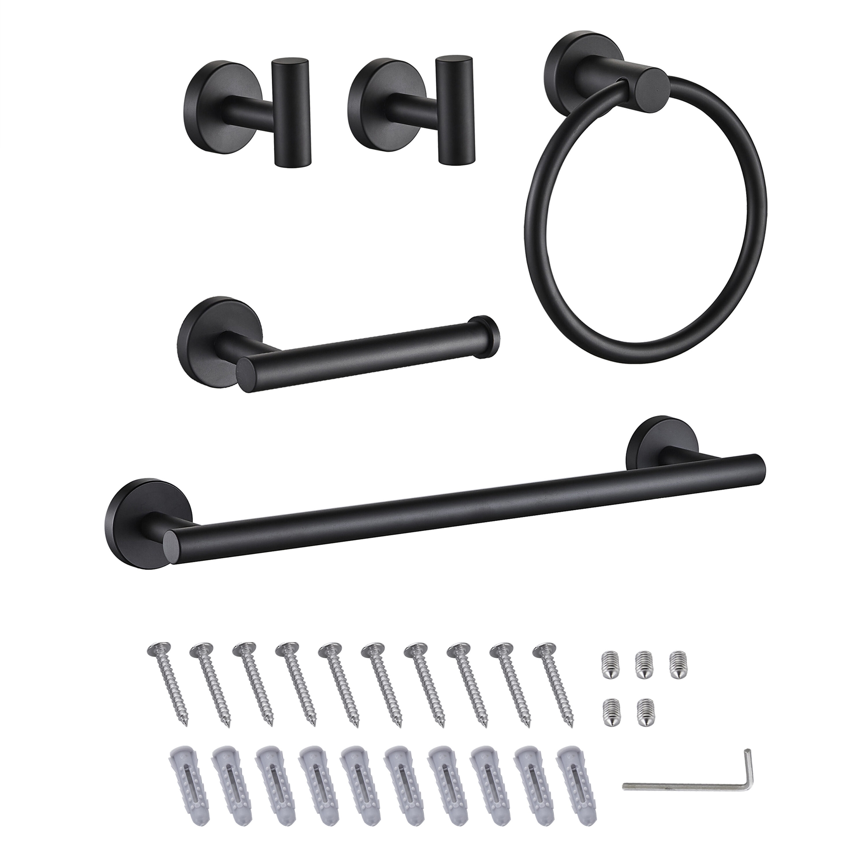 Juego de Accesorios de Baño Decorativos de 5 Piezas en Negro Mate FORIOUS - Barra para Toallas, Porta Papel higiénico, Argolla para Toallas, Gancho para Batas incluido LL0216B-5