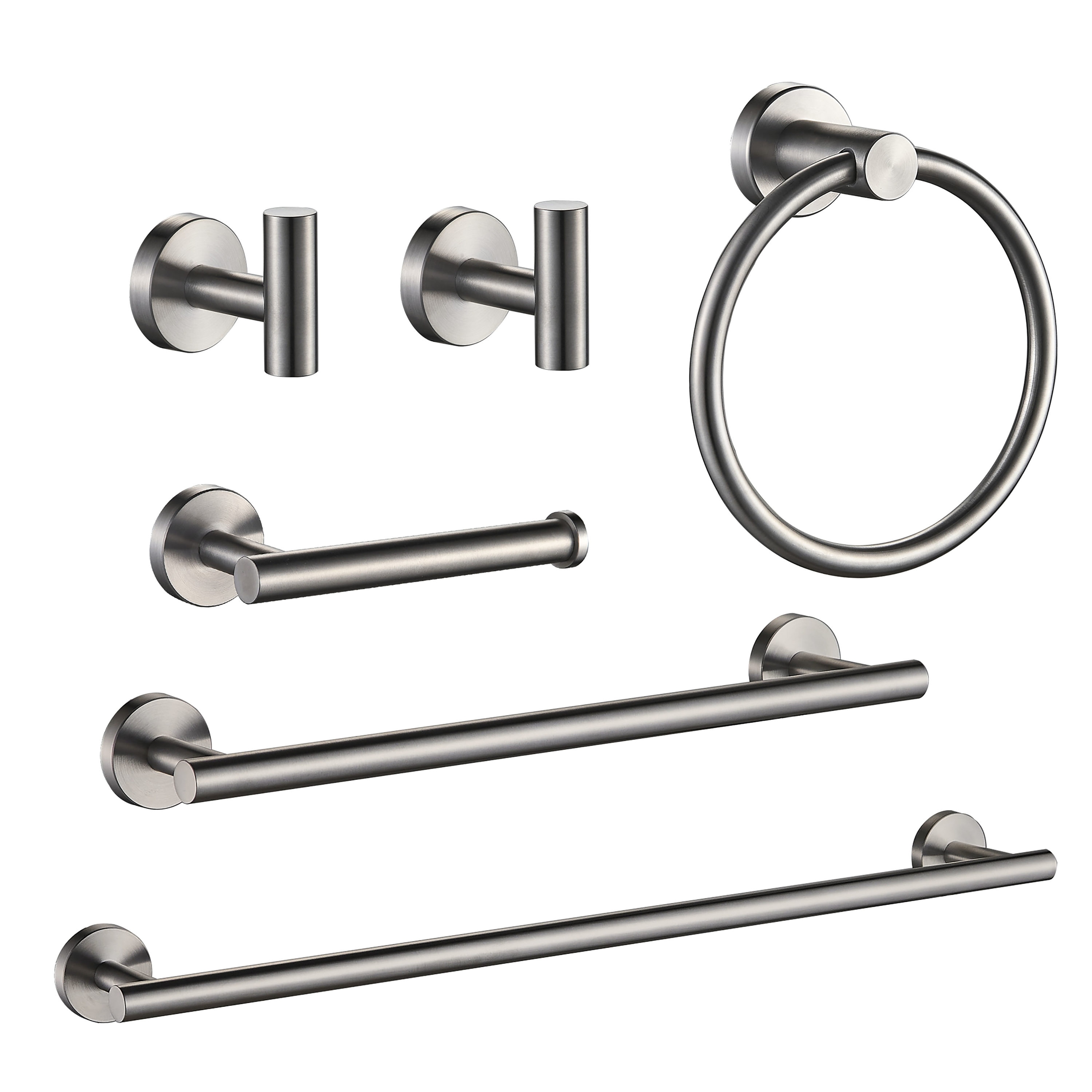 Juego de Accesorios de Baño Decorativos de Níquel Cepillado de 6 Piezas: Barra de Toallas, Porta Papel Higiénico, Anillo de Toallas, Gancho para Batas incluido LL0216BN-6