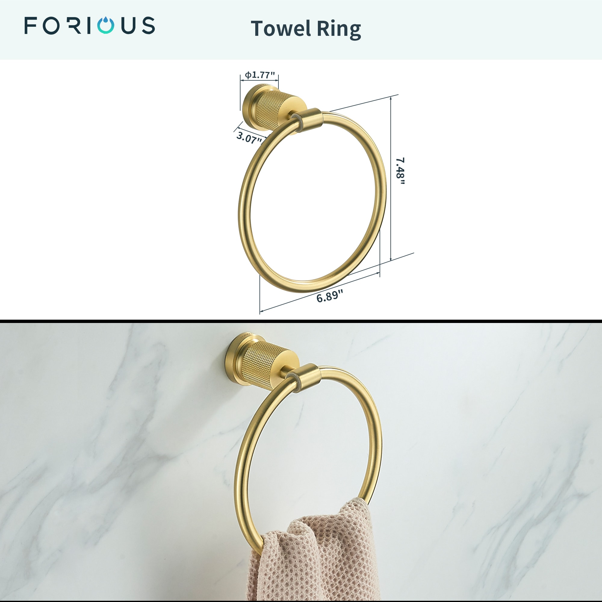 Juego de accesorios de baño decorativos en dorado de 3 piezas FORIOUS: Barra de toallas, portarrollos y argolla para toallas incluidos LL19011G3A