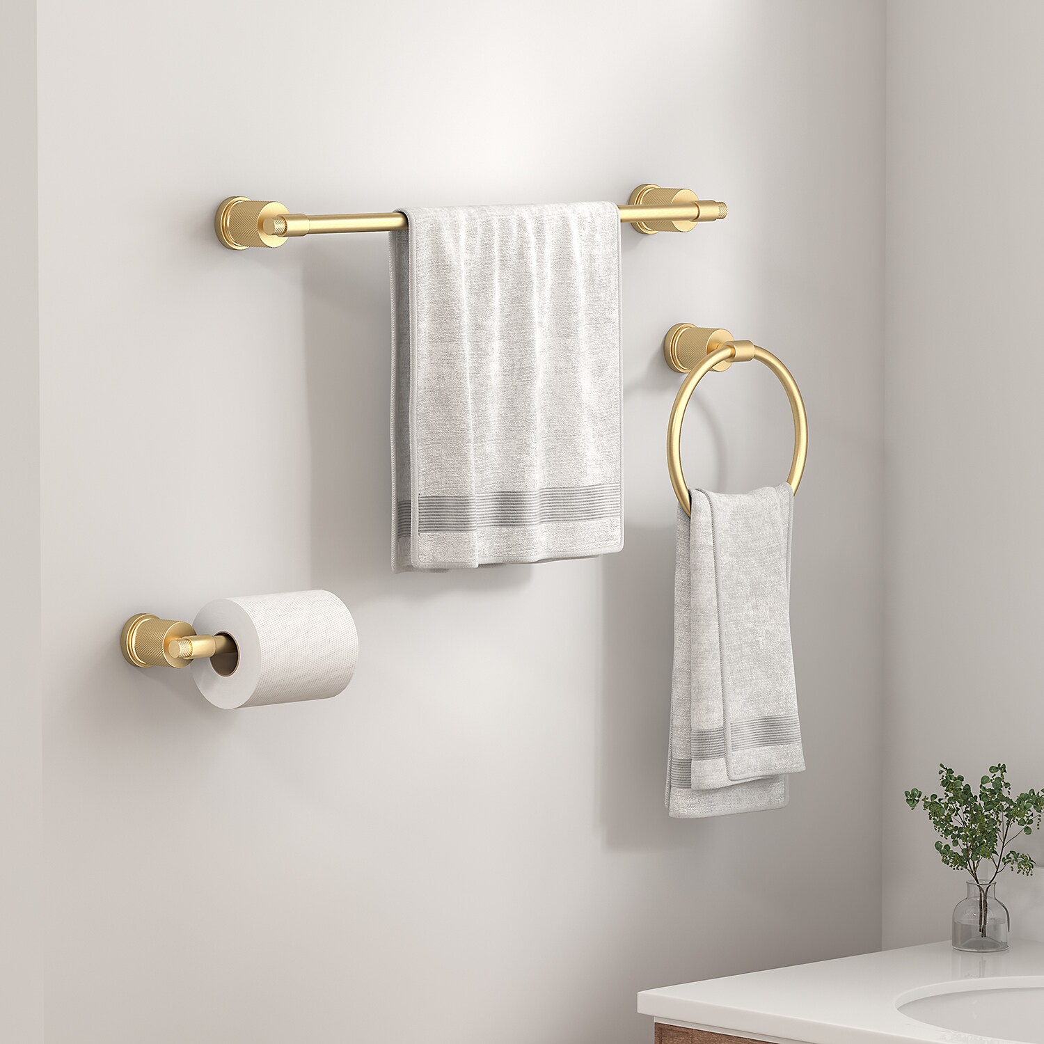 Juego de accesorios de baño decorativos en dorado de 3 piezas FORIOUS: Barra de toallas, portarrollos y argolla para toallas incluidos LL19011G3A