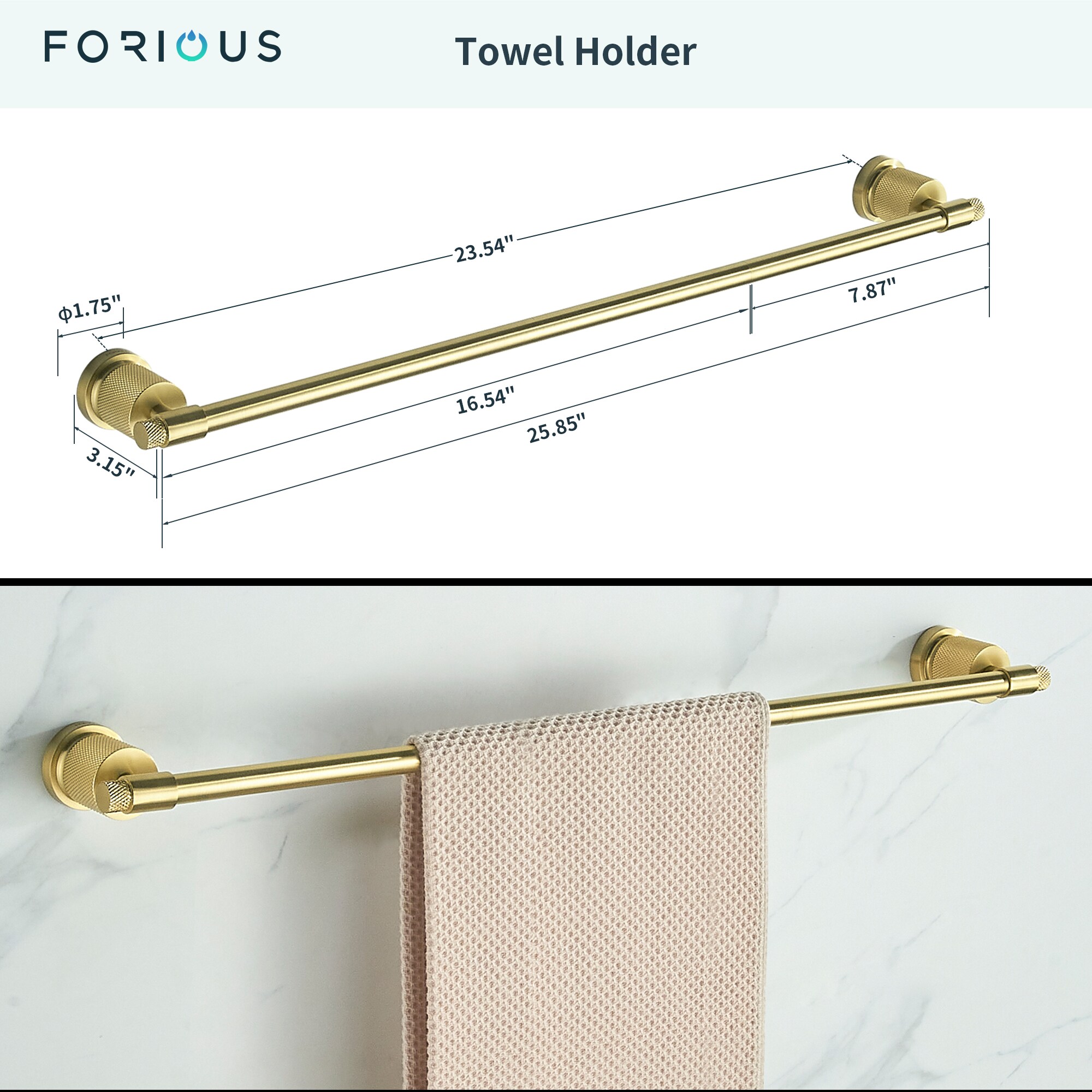 Juego de accesorios de baño decorativos en dorado de 3 piezas FORIOUS: Barra de toallas, portarrollos y argolla para toallas incluidos LL19011G3A