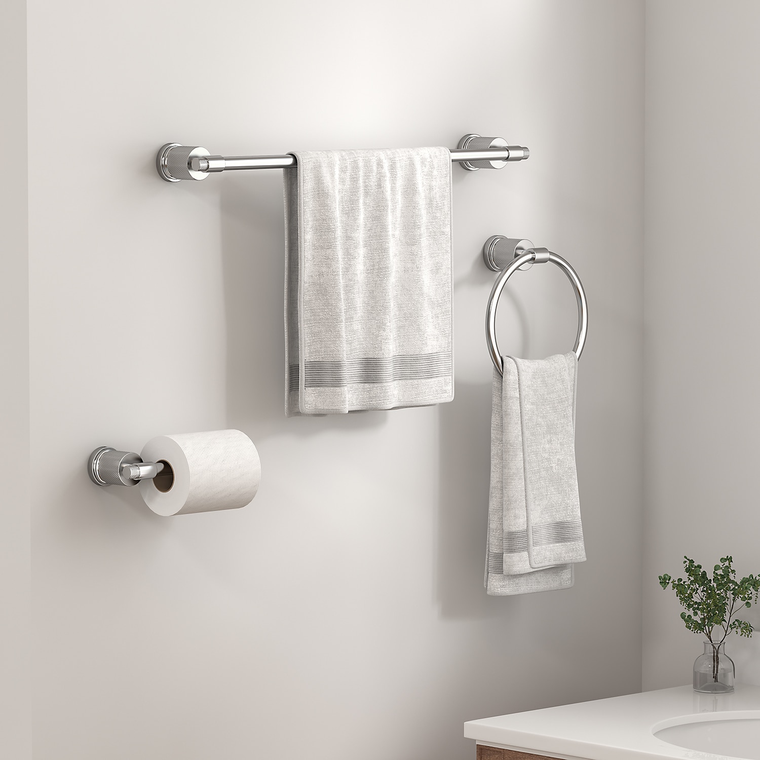 Juego de accesorios de baño decorativos cromados de 3 piezas FORIOUS: barra de toallas, porta papel higiénico y argolla para toallas, incluido LL19011CH3A.