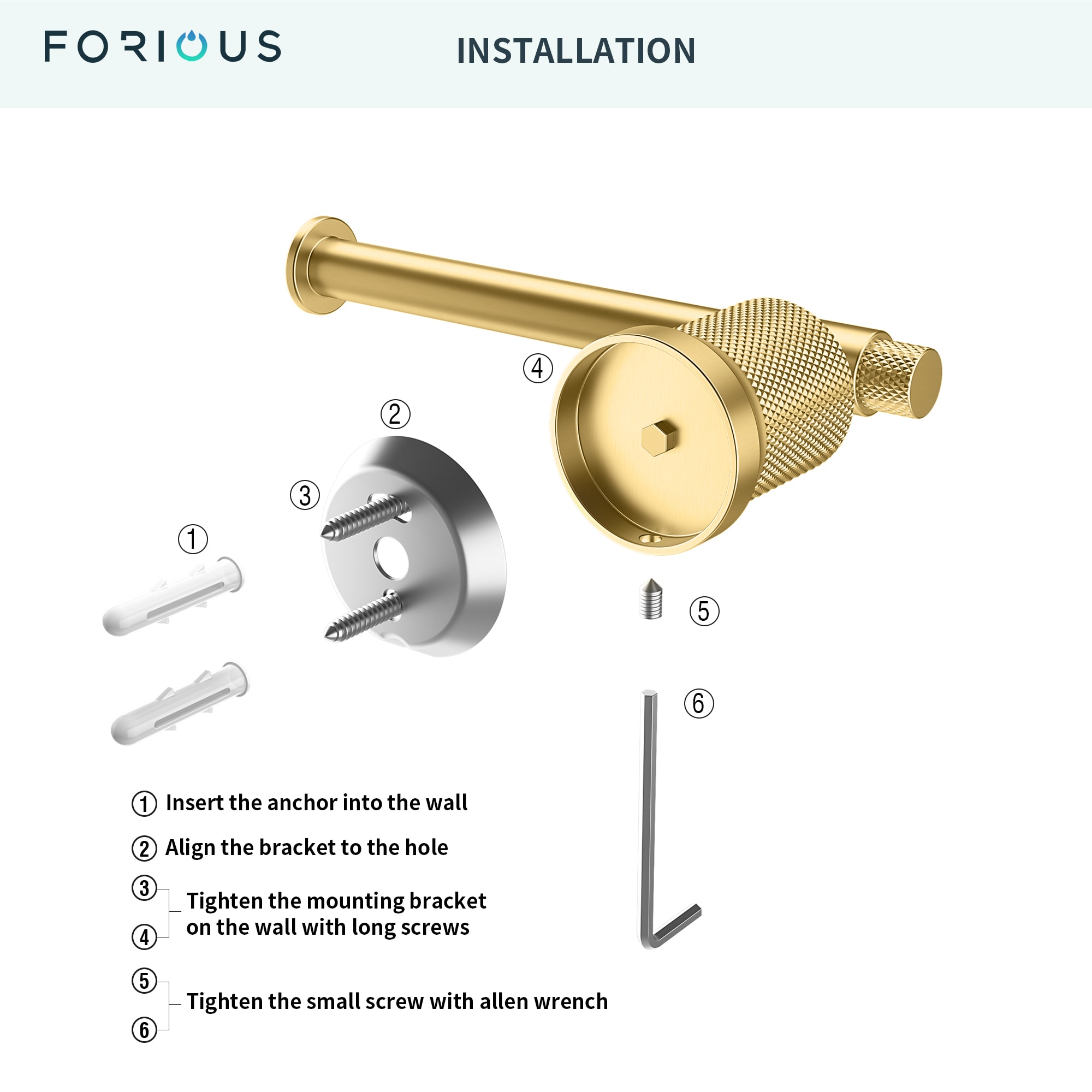 Juego de Accesorios para Baño en Oro de 4 Piezas Incluye Barra para Toallas, Porta Papel Higiénico, Anillo para Toallas y Gancho para Batas FORIOUS LL19011G4A