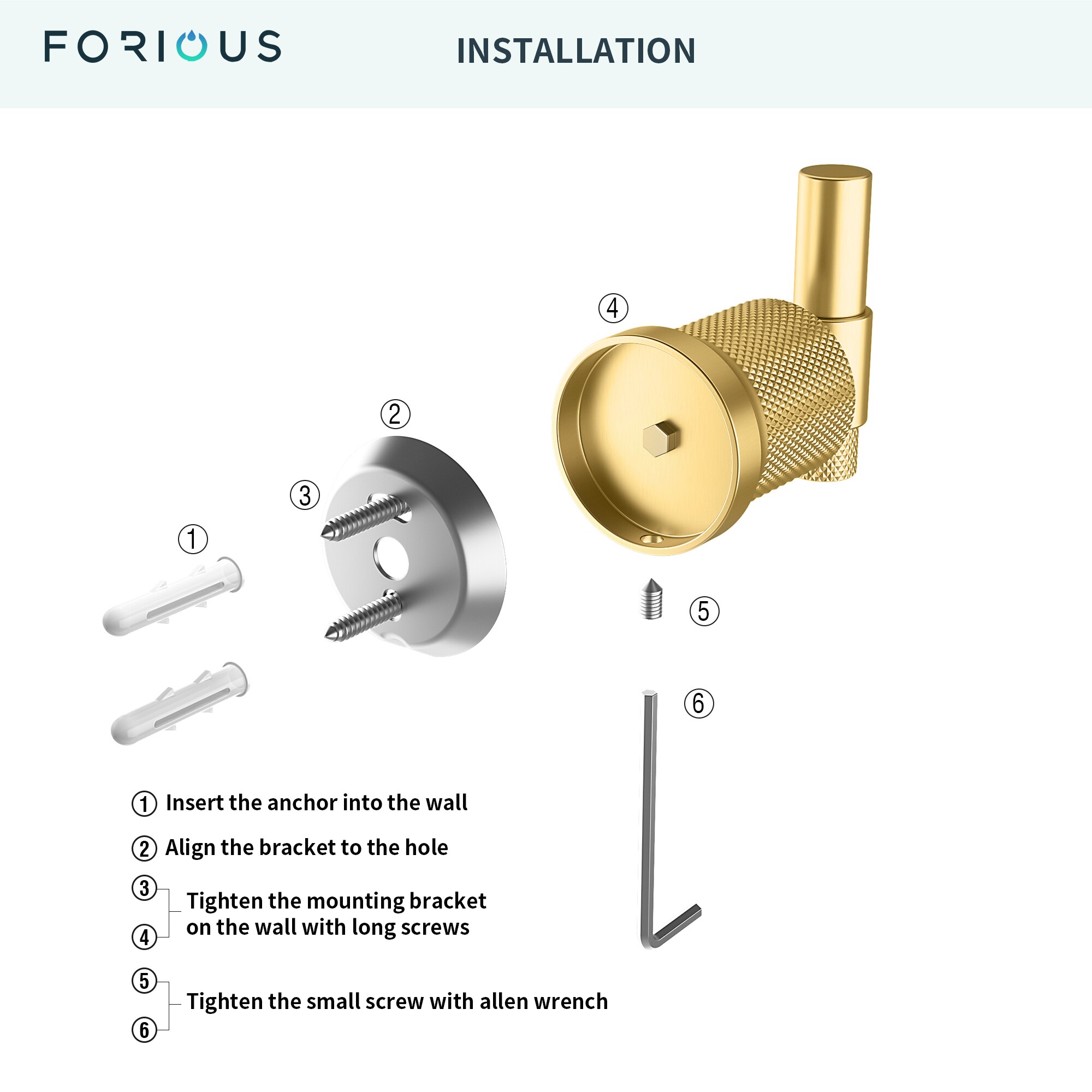 Juego de Accesorios para Baño en Oro de 4 Piezas Incluye Barra para Toallas, Porta Papel Higiénico, Anillo para Toallas y Gancho para Batas FORIOUS LL19011G4A