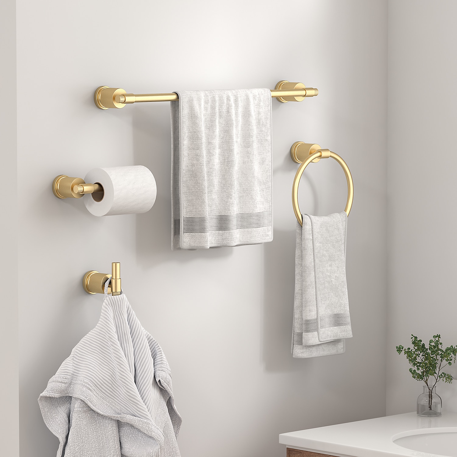 Juego de Accesorios para Baño en Oro de 4 Piezas Incluye Barra para Toallas, Porta Papel Higiénico, Anillo para Toallas y Gancho para Batas FORIOUS LL19011G4A