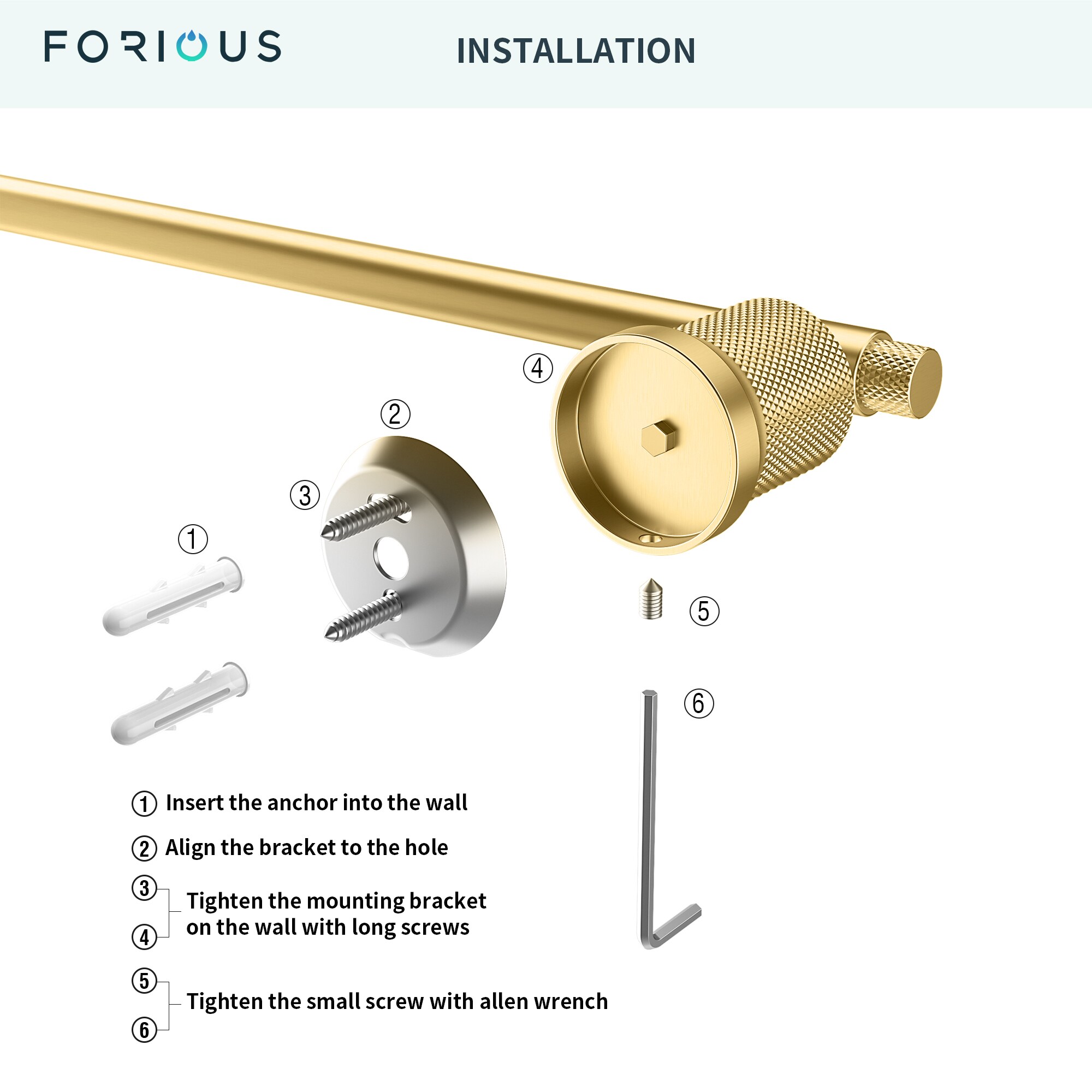 Juego de Accesorios para Baño en Oro de 4 Piezas Incluye Barra para Toallas, Porta Papel Higiénico, Anillo para Toallas y Gancho para Batas FORIOUS LL19011G4A