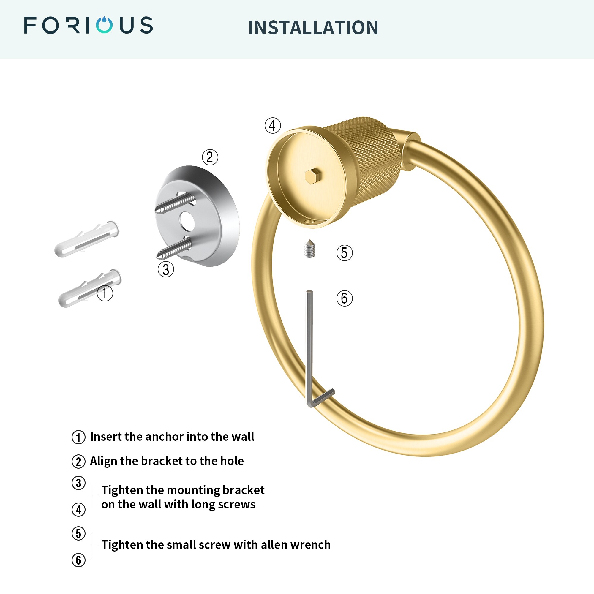 Juego de Accesorios para Baño en Oro de 4 Piezas Incluye Barra para Toallas, Porta Papel Higiénico, Anillo para Toallas y Gancho para Batas FORIOUS LL19011G4A