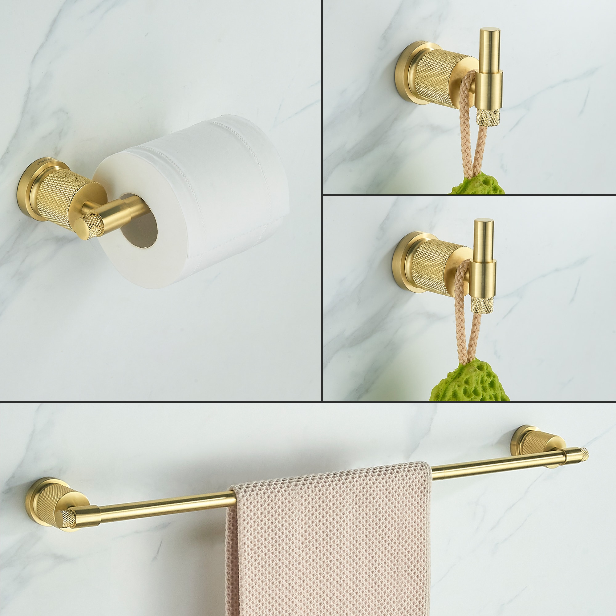 Set de accesorios de baño decorativos en dorado de 4 piezas FORIOUS, que incluye toallero, porta papel higiénico y gancho para batas LL19011G4C.