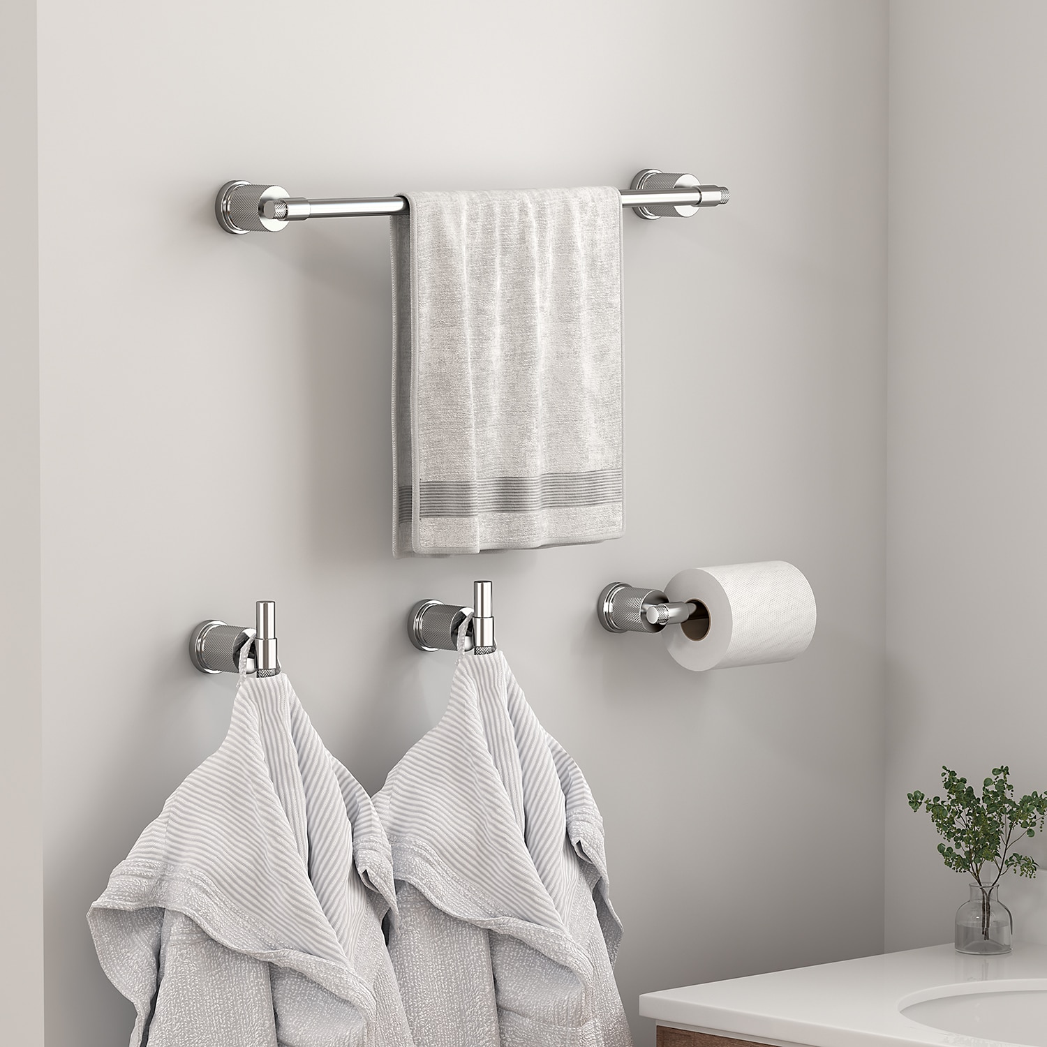 Juego de Accesorios de Baño Decorativo de 4 Piezas cromadas de FORIOUS: Barra de Toalla, Porta Papel Higiénico, Gancho para Batas incluido LL19011CH4C