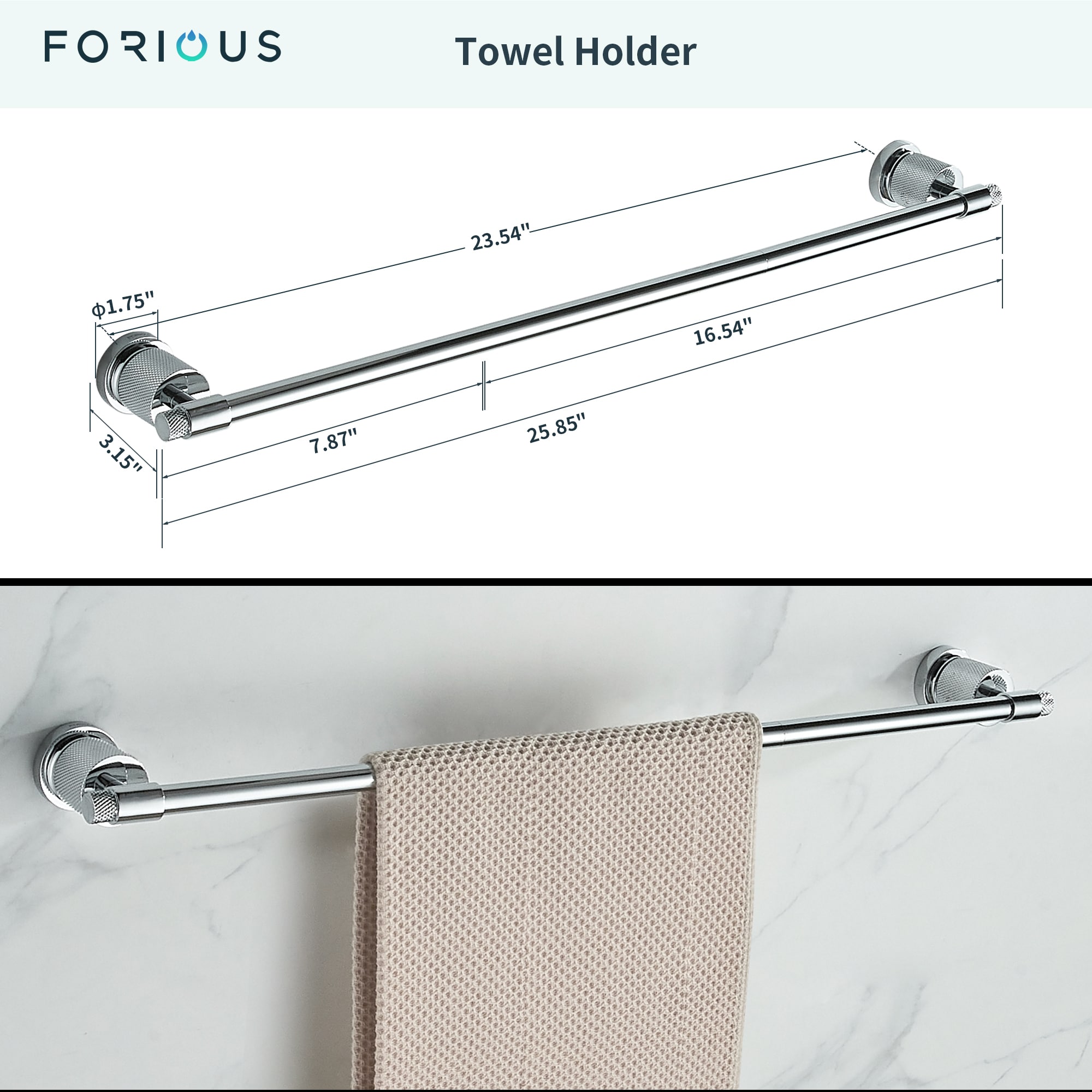 Juego de Accesorios de Baño Decorativo de 4 Piezas cromadas de FORIOUS: Barra de Toalla, Porta Papel Higiénico, Gancho para Batas incluido LL19011CH4C