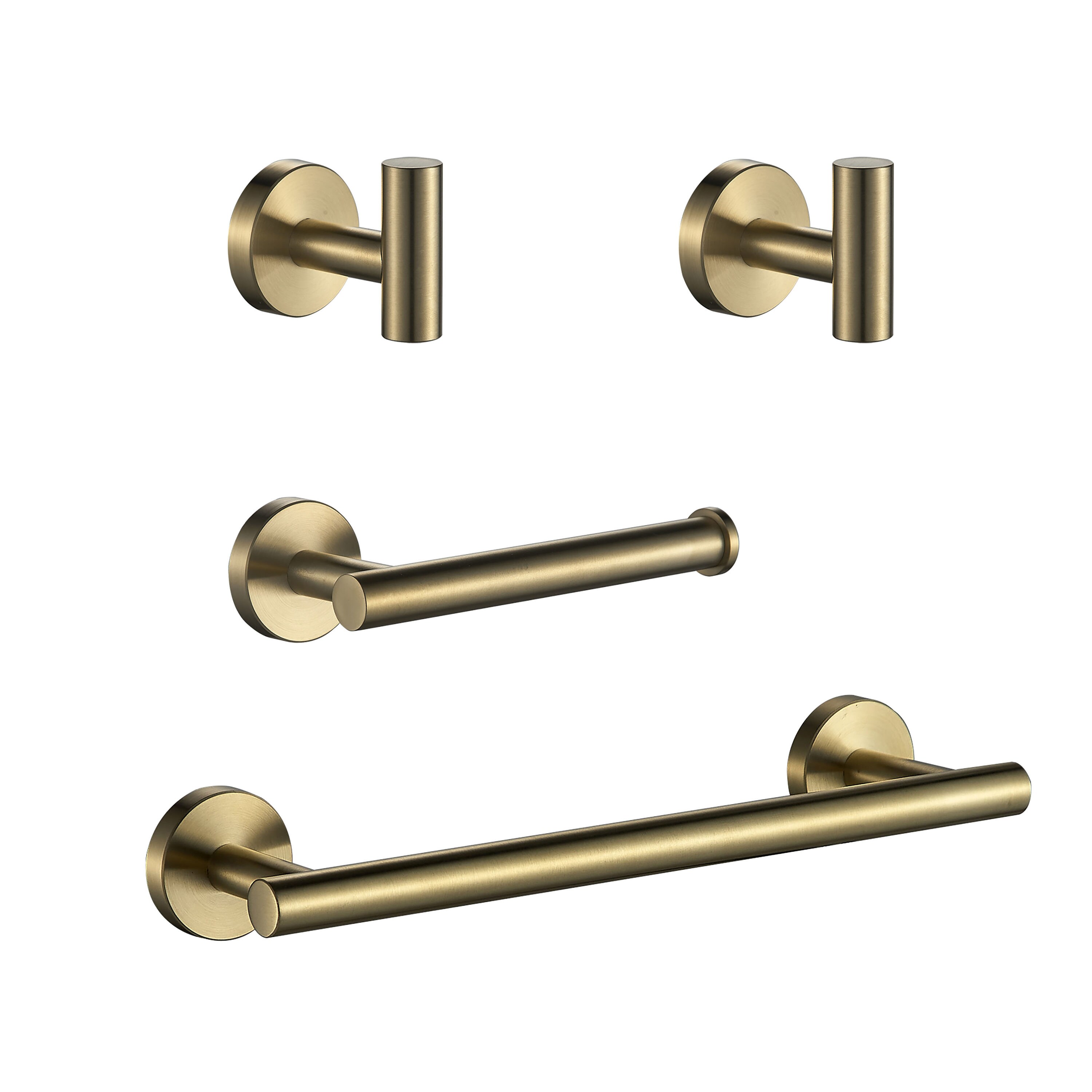Juego de accesorios decorativos para baño de 4 piezas en dorado FORIOUS: Barra de toallas, portarrollos de papel higiénico, gancho para batas incluido LL0216G-4.