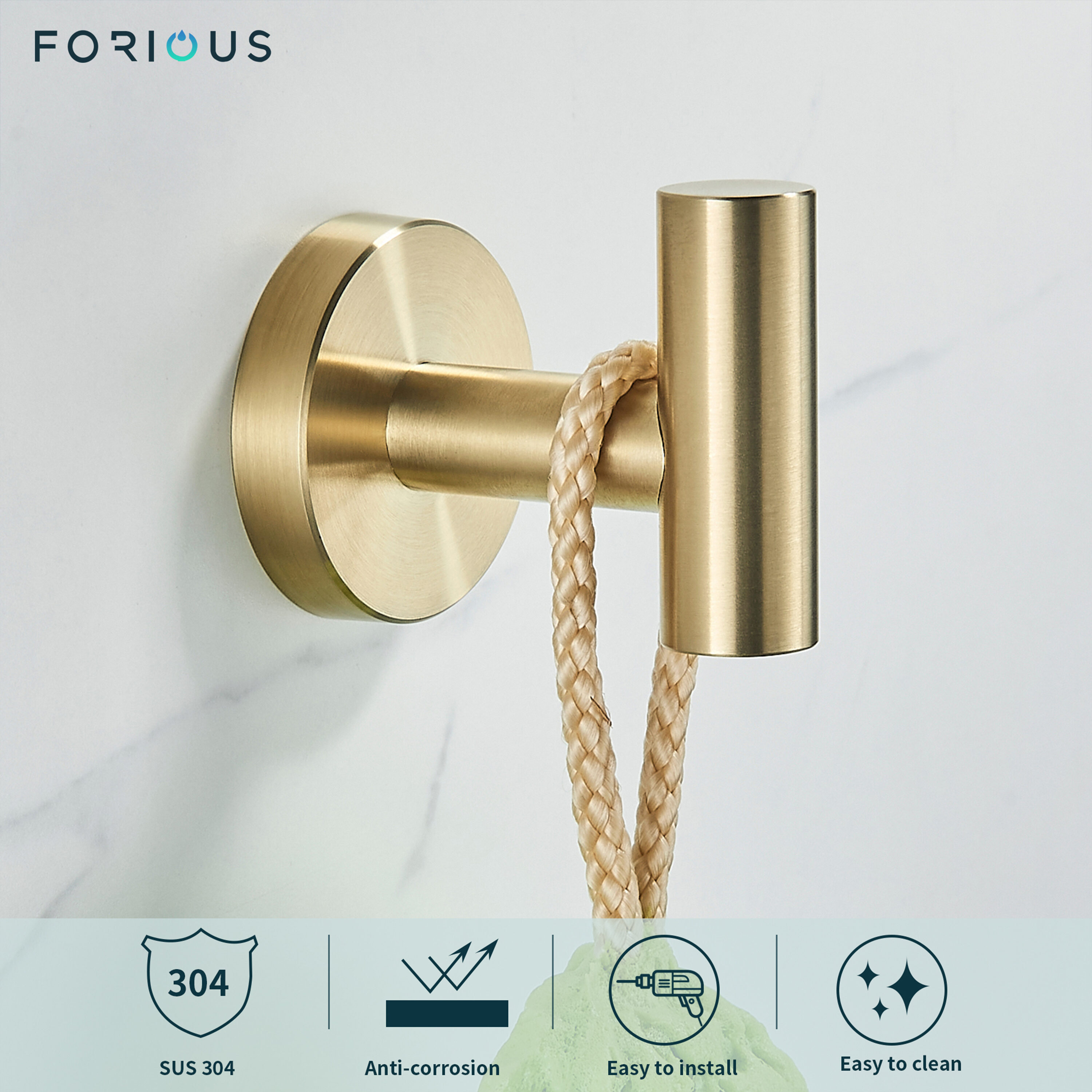 Juego de accesorios decorativos para baño de 4 piezas en dorado FORIOUS: Barra de toallas, portarrollos de papel higiénico, gancho para batas incluido LL0216G-4.