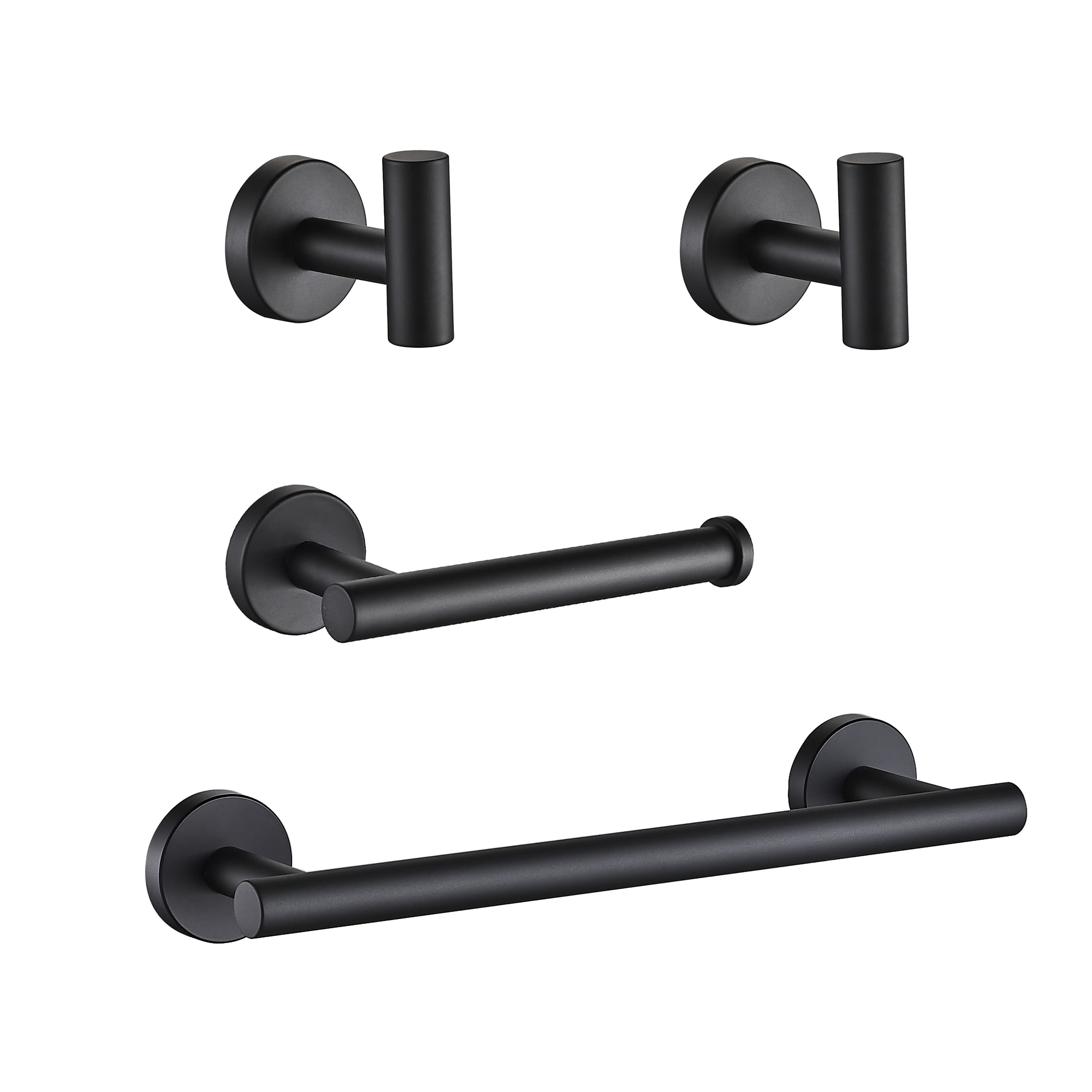 Juego de Accesorios de Baño Decorativos en Negro Mate de 4 Piezas - Barra de Toalla, Porta Papel Higiénico, Gancho para Batas incluido LL0216B-4