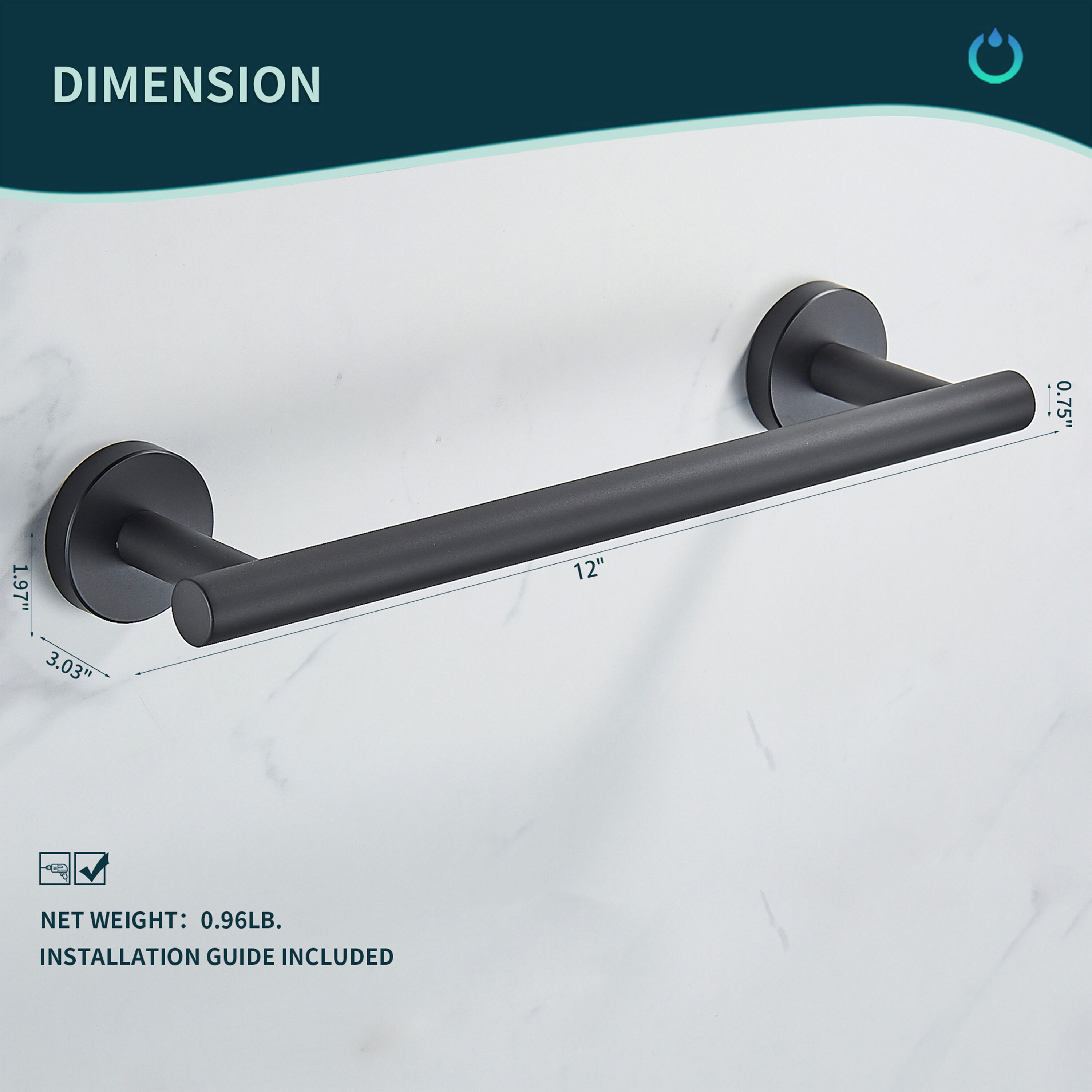 Juego de Accesorios de Baño Decorativos en Negro Mate de 4 Piezas - Barra de Toalla, Porta Papel Higiénico, Gancho para Batas incluido LL0216B-4