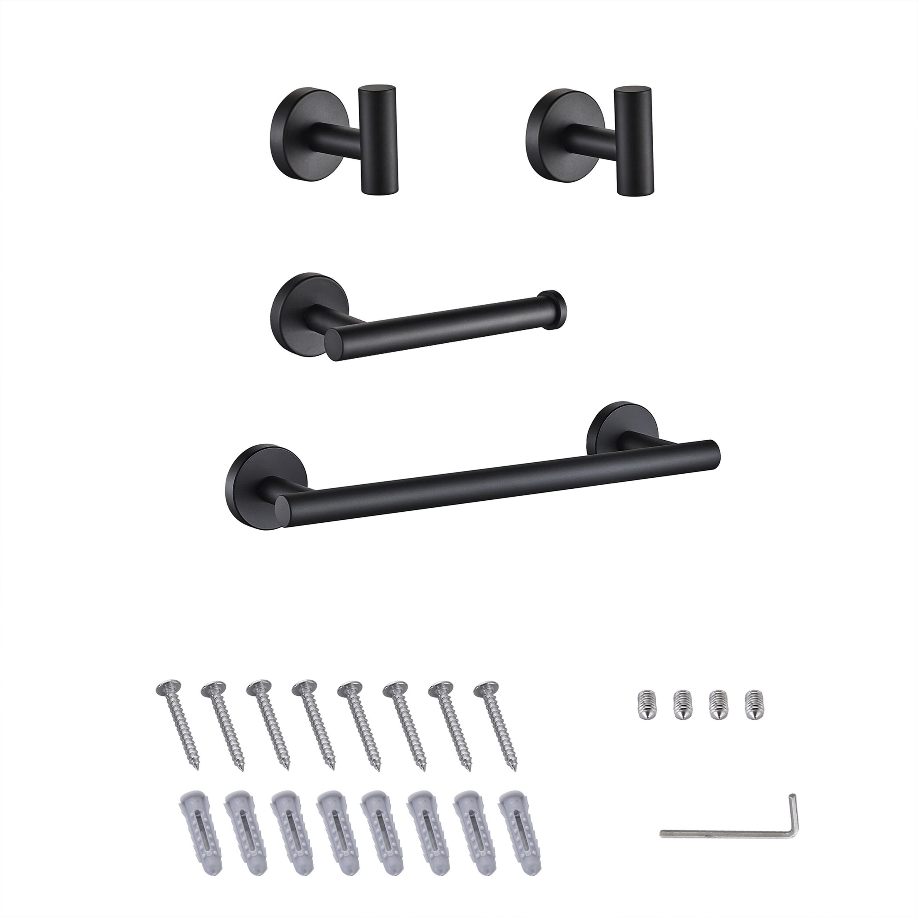 Juego de Accesorios de Baño Decorativos en Negro Mate de 4 Piezas - Barra de Toalla, Porta Papel Higiénico, Gancho para Batas incluido LL0216B-4