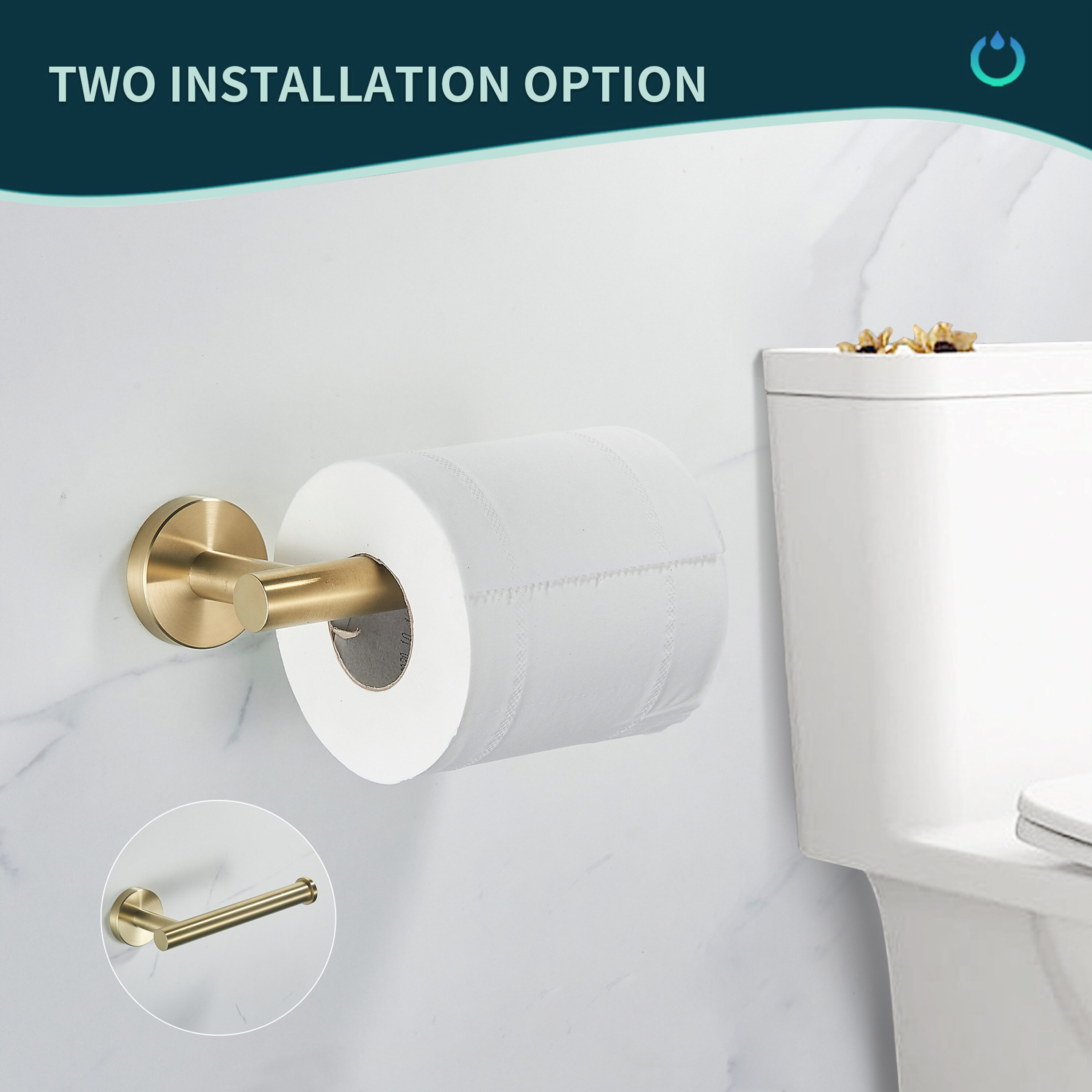 Juego de baño decorativo de 4 piezas en color dorado. Incluye portarrollos, toallero y gancho para batas.