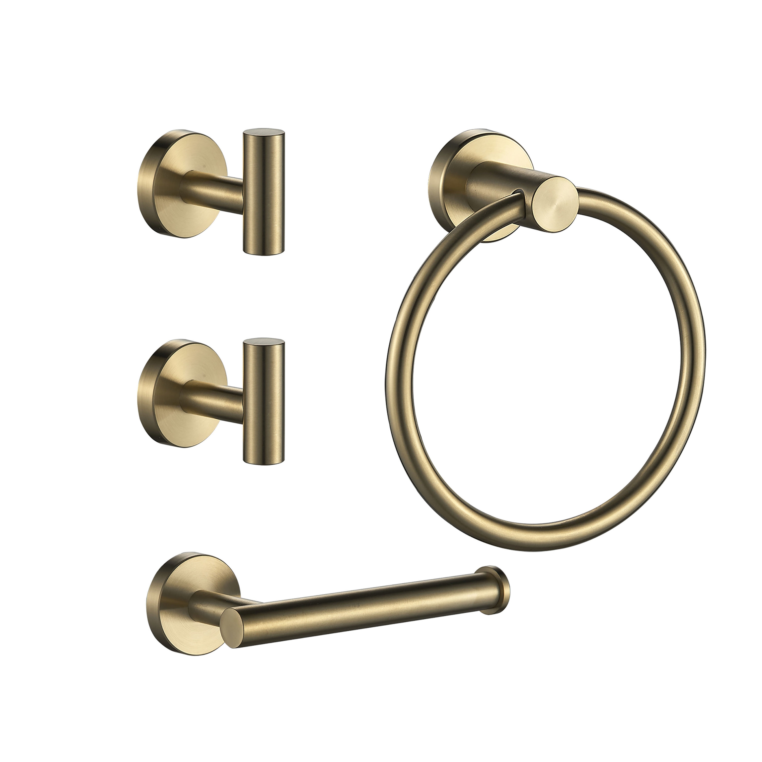 Juego de baño decorativo de 4 piezas en color dorado. Incluye portarrollos, toallero y gancho para batas.