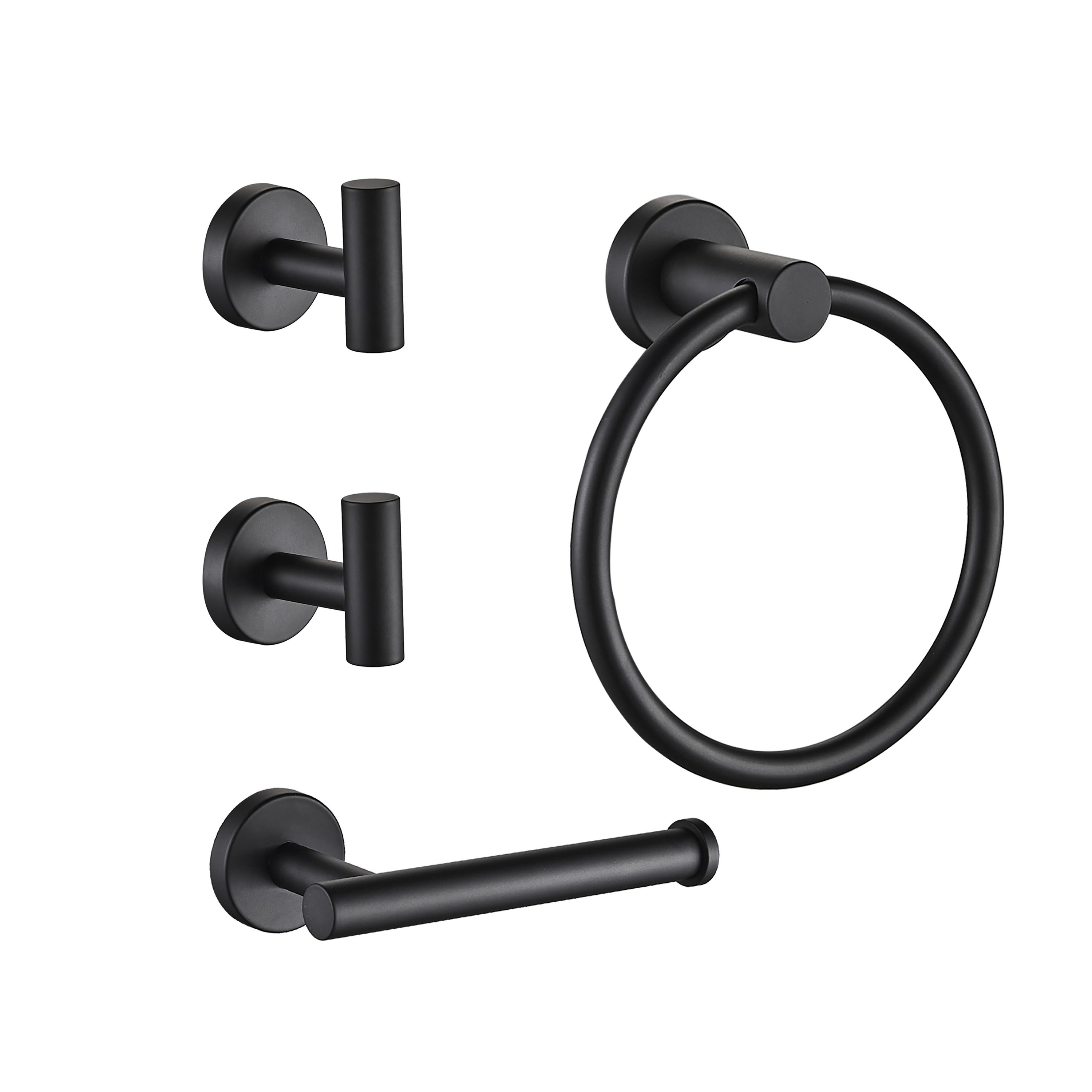 Juego de 4 piezas de ferretería decorativa para baño en negro mate - Incluye portarrollos de papel higiénico, argolla para toalla y gancho para batas