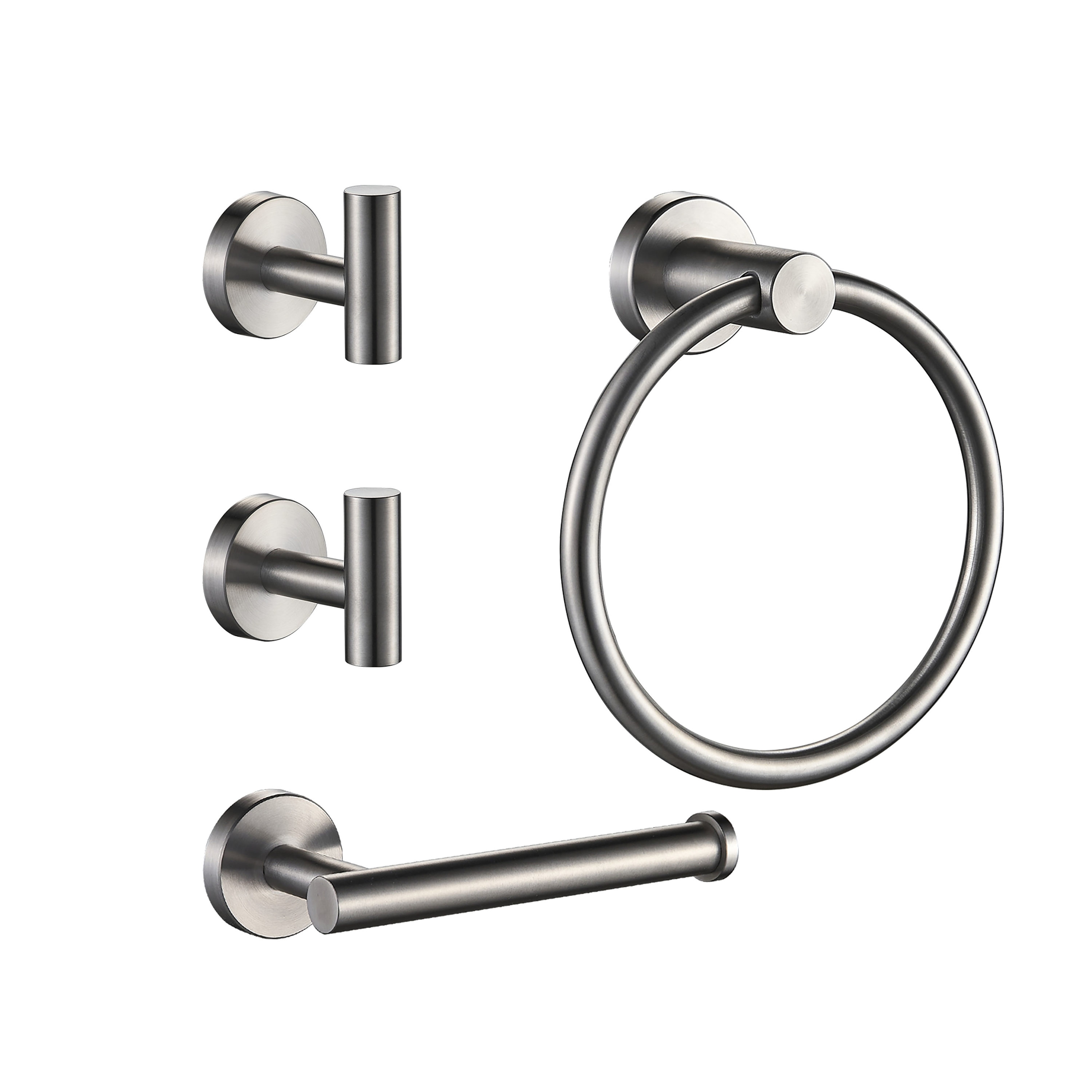 Juego de accesorios de baño decorativos de 4 piezas en níquel cepillado, incluye porta papel higiénico, anillo de toalla y gancho para batas.