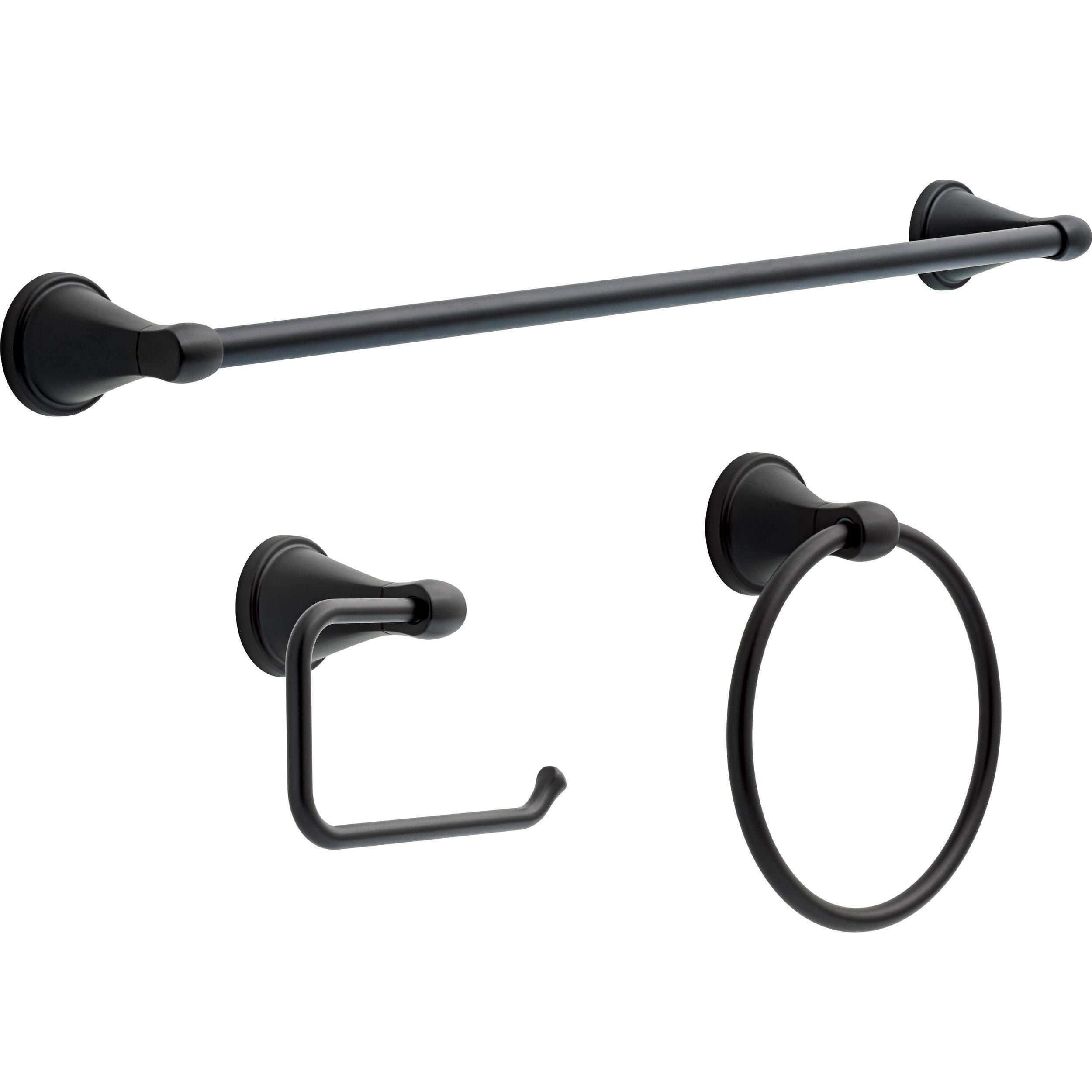 Juego de 3 piezas de accesorios de baño decorativos en negro mate Becker de Delta - Barra de toalla, porta papel higiénico, argolla de toalla incluidos BCK63-MB-VK.