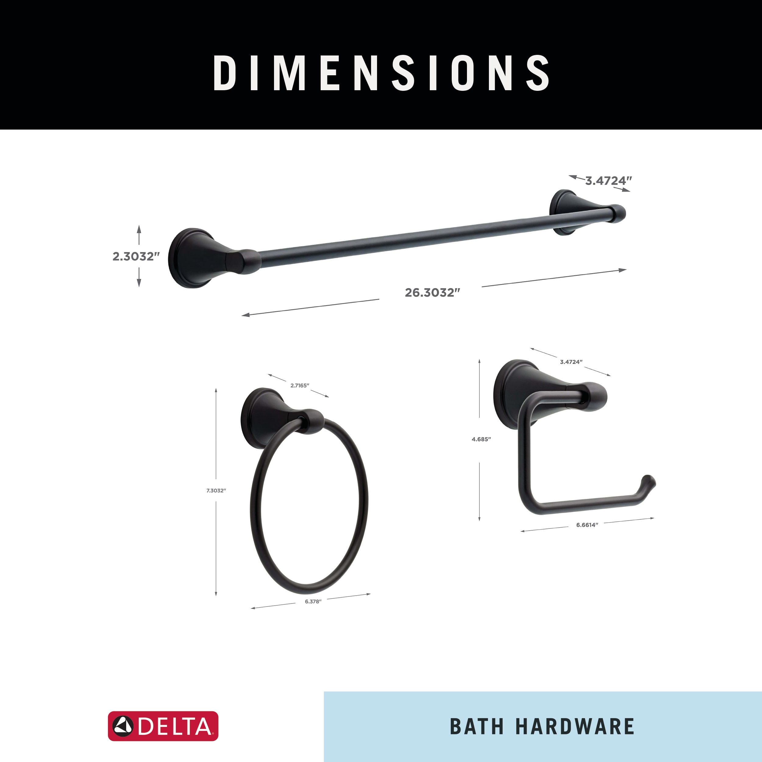 Juego de 3 piezas de accesorios de baño decorativos en negro mate Becker de Delta - Barra de toalla, porta papel higiénico, argolla de toalla incluidos BCK63-MB-VK.