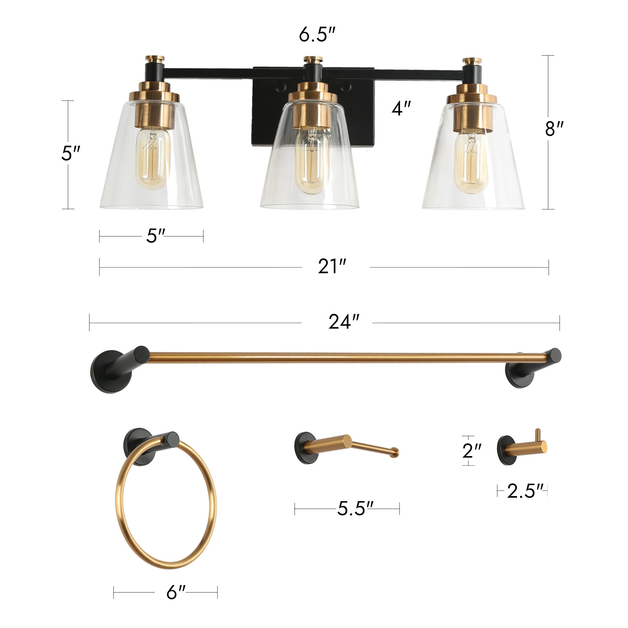 Juego de Accesorios de Baño Decorativos Sedia Moderna Negra y Dorada de 5 Piezas Incluye Barra de Toalla, Porta Papel, Anillo de Toalla y Gancho para Bata ZEVNI