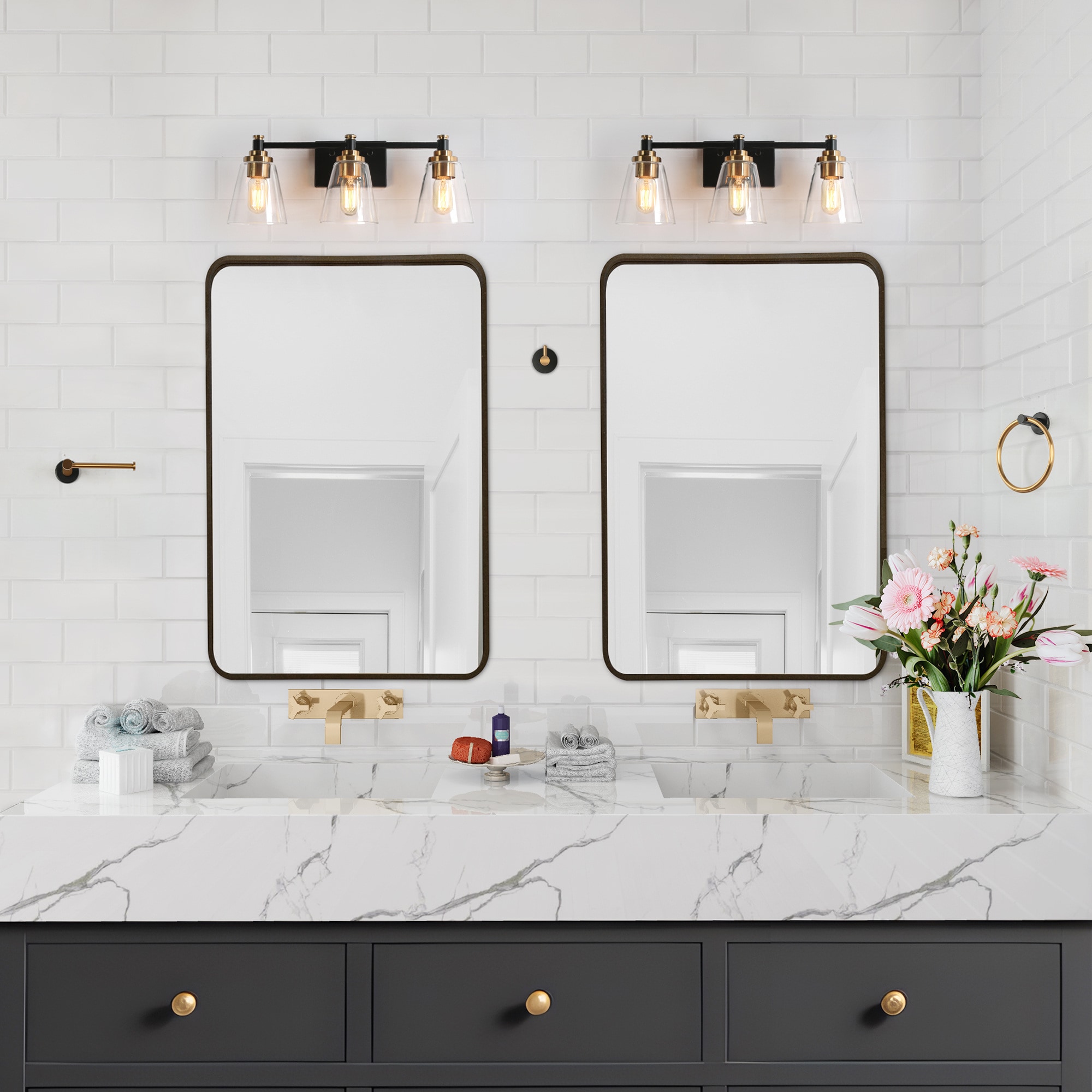 Juego de Accesorios de Baño Decorativos Sedia Moderna Negra y Dorada de 5 Piezas Incluye Barra de Toalla, Porta Papel, Anillo de Toalla y Gancho para Bata ZEVNI