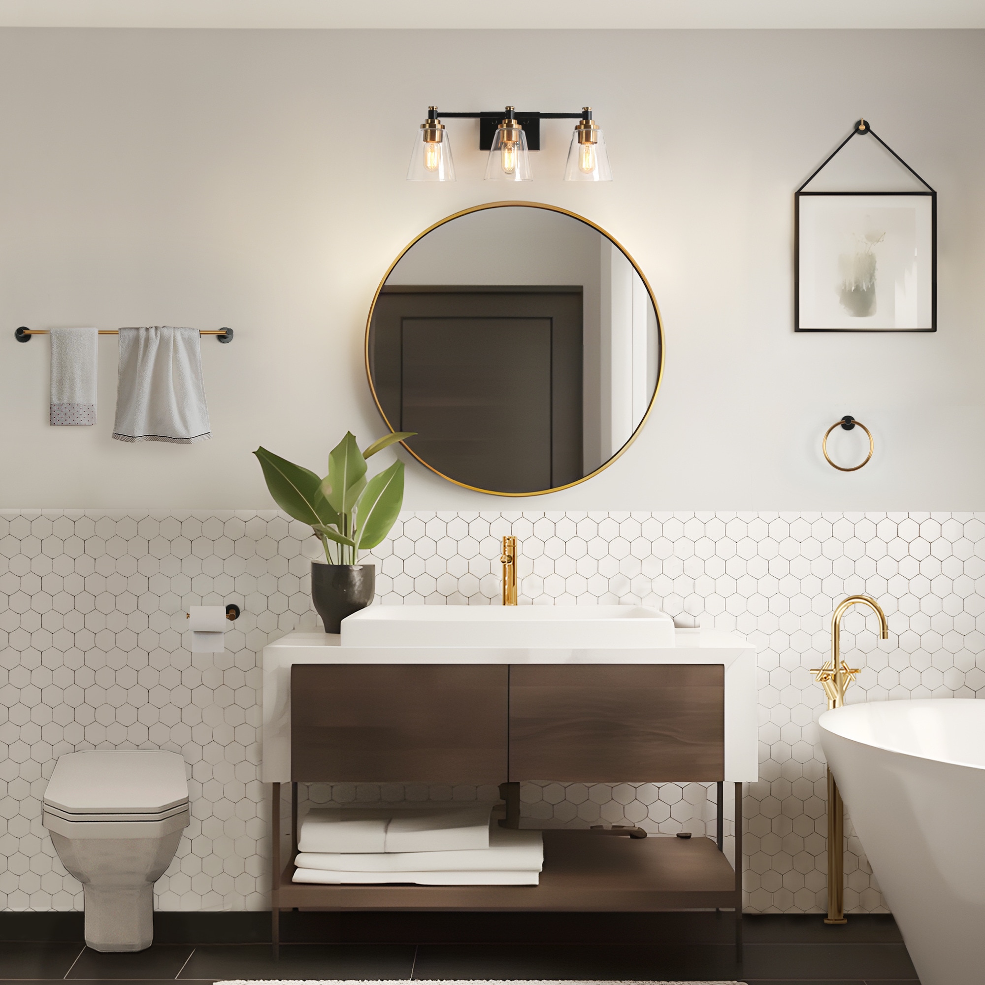 Juego de Accesorios de Baño Decorativos Sedia Moderna Negra y Dorada de 5 Piezas Incluye Barra de Toalla, Porta Papel, Anillo de Toalla y Gancho para Bata ZEVNI