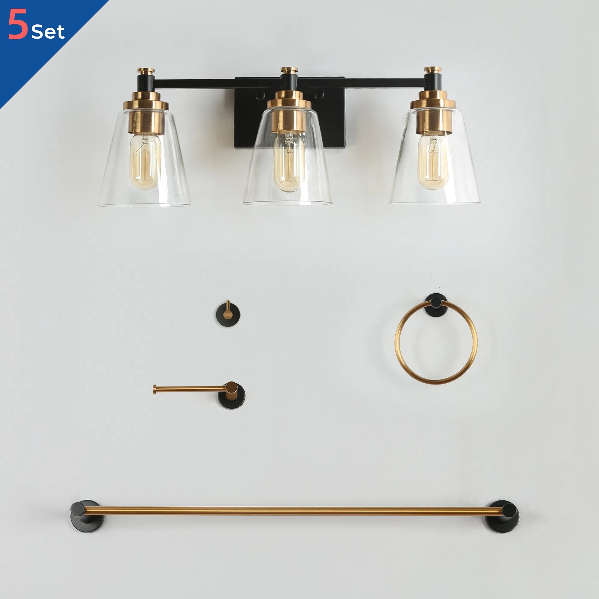 Juego de Accesorios de Baño Decorativos Sedia Moderna Negra y Dorada de 5 Piezas Incluye Barra de Toalla, Porta Papel, Anillo de Toalla y Gancho para Bata ZEVNI