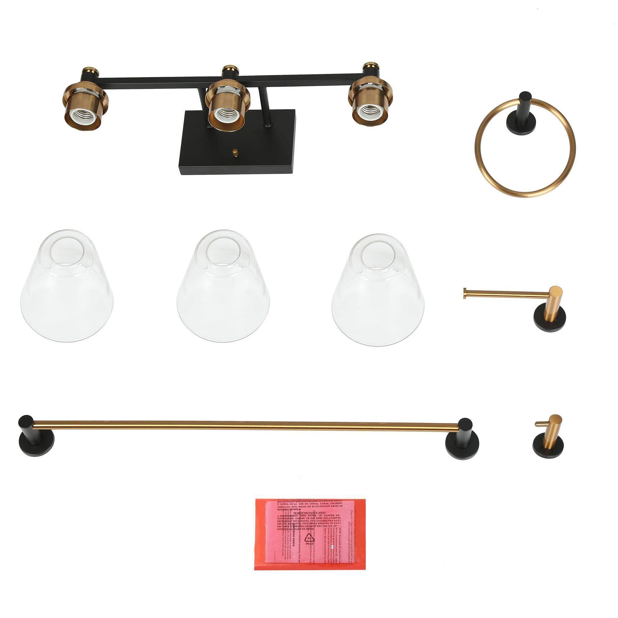 Juego de Accesorios de Baño Decorativos Sedia Moderna Negra y Dorada de 5 Piezas Incluye Barra de Toalla, Porta Papel, Anillo de Toalla y Gancho para Bata ZEVNI