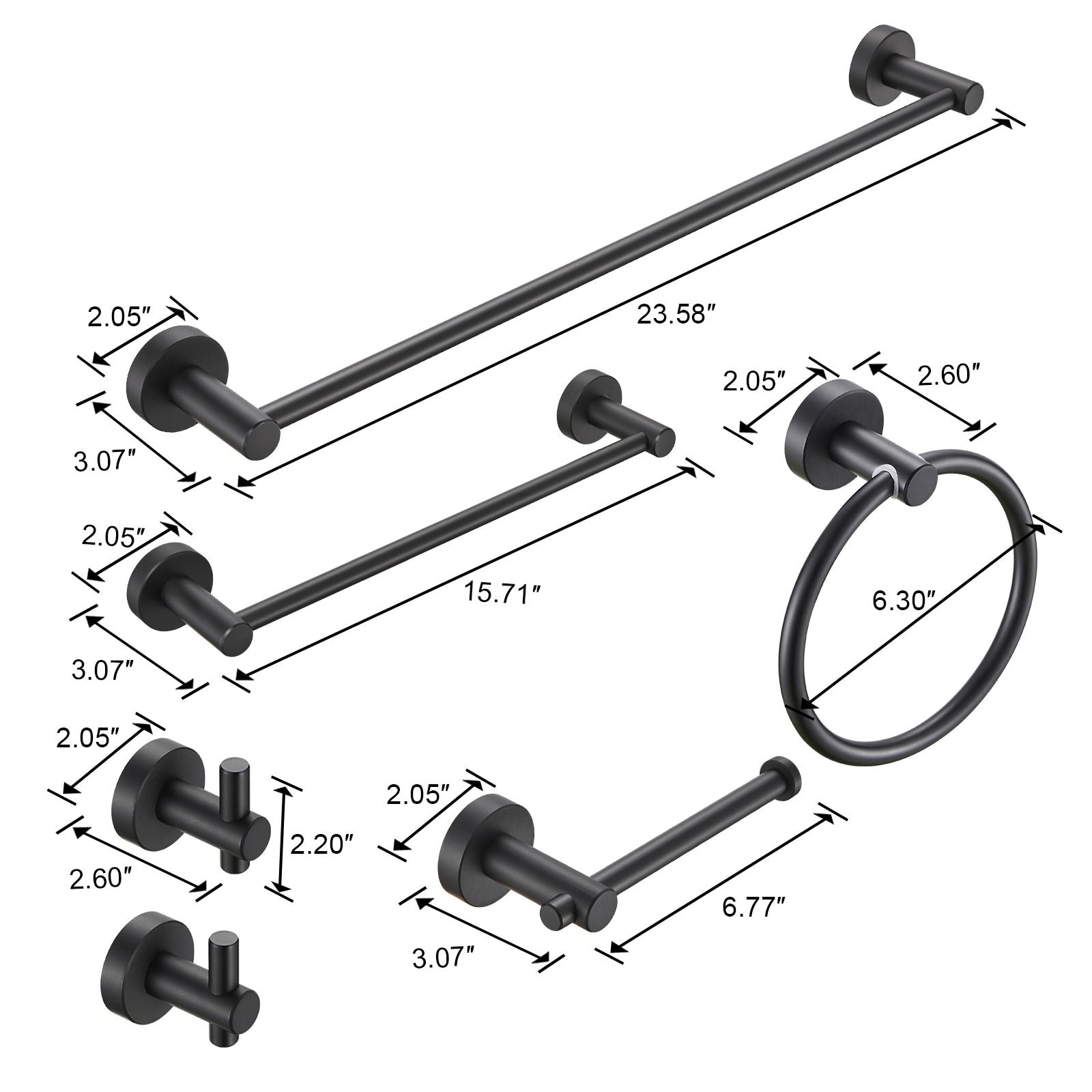 Juego de Accesorios de Baño Decorativos en Negro Mate de 6 Piezas Cobbe, Incluye Barra para Toallas, Porta Papel de Baño, Argolla para Toallas y Gancho para Batas