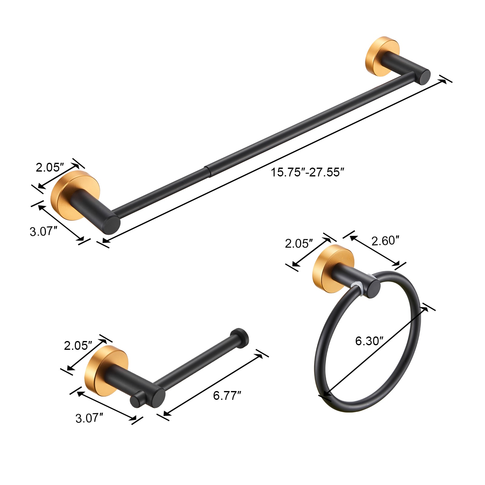 Juego de accesorios de baño decorativos en negro y dorado de 3 piezas con barra para toallas, porta papel higiénico y argolla para toallas Cobbe LSKBHS03034