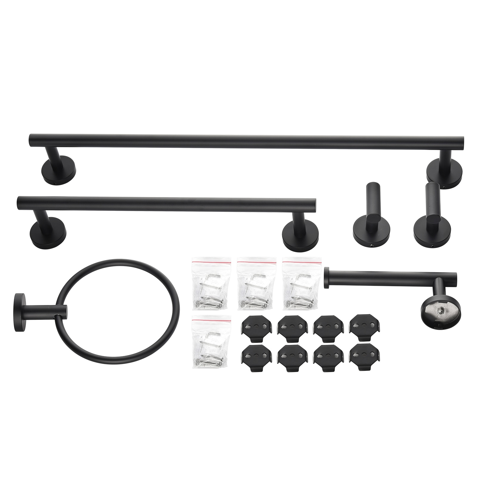 Juego de accesorios de baño decorativos en negro mate de 6 piezas Cobbe - Barra de toallas, porta papel higiénico, anillo de toalla, gancho para batas incluido LS1-H02GJTZ013