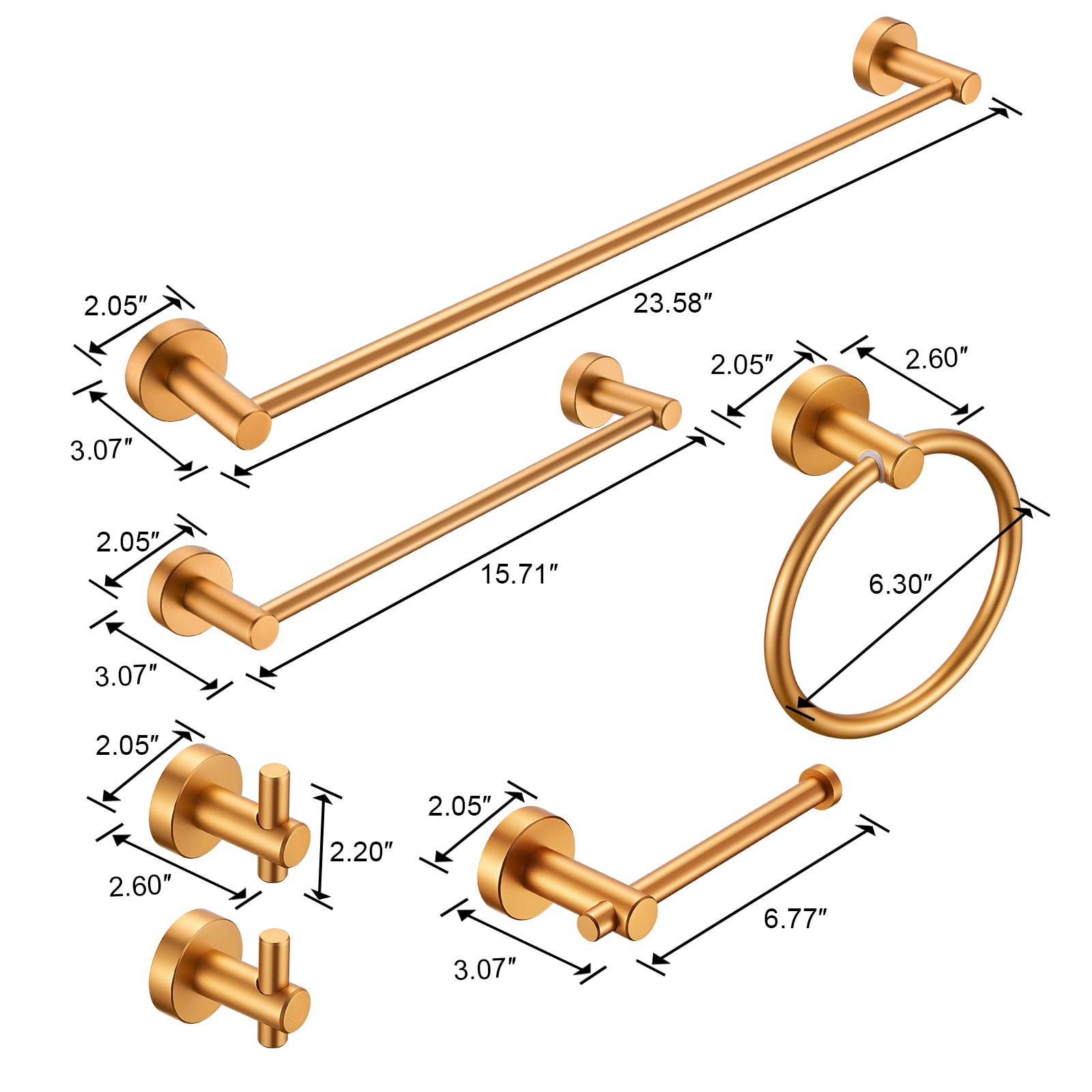 Juego de Accesorios de Baño Decorativos en Oro de 6 Piezas Cobbe - Barra de Toallas, Porta Papel de Baño, Aro de Toalla, Gancho para Batas incluido LSKBHS02063