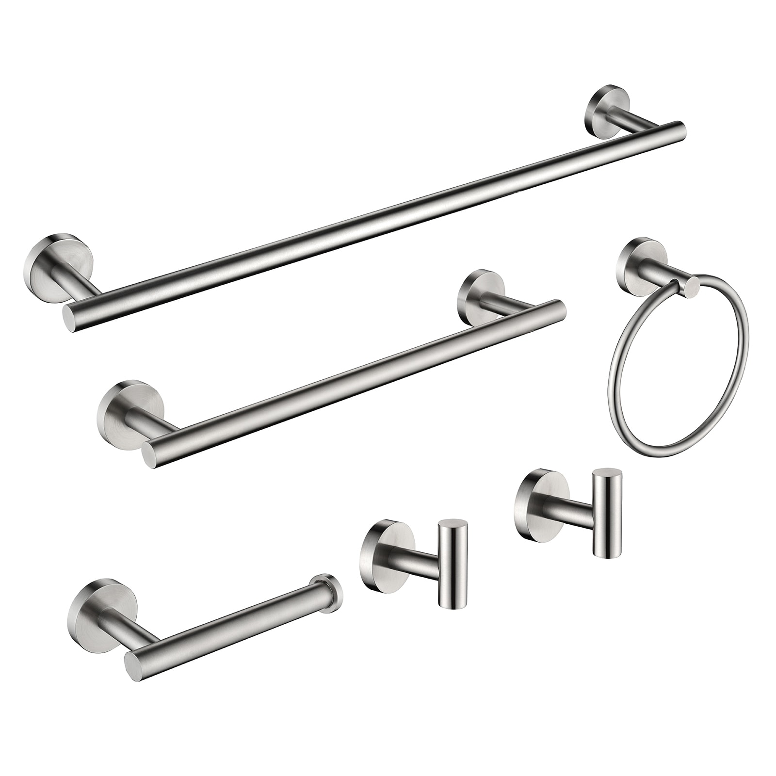Juego de Accesorios de Baño Decorativos de Níquel Cepillado de 6 Piezas Cobbe - Incluye Barra para Toallas, Portarrollos de Papel, Anillo para Toallas y Gancho para Batas  LS1-H02GJTZ012