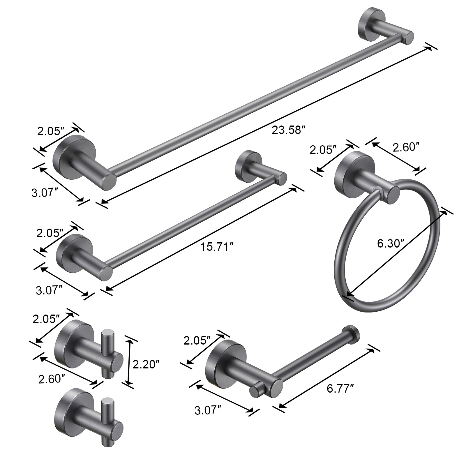 Juego de Accesorios Decorativos para Baño en Gris de 6 Piezas Cobbe - Barra de Toalla, Porta Papel Higiénico, Anillo de Toalla, Gancho para Bata incluido LSKBHS02062